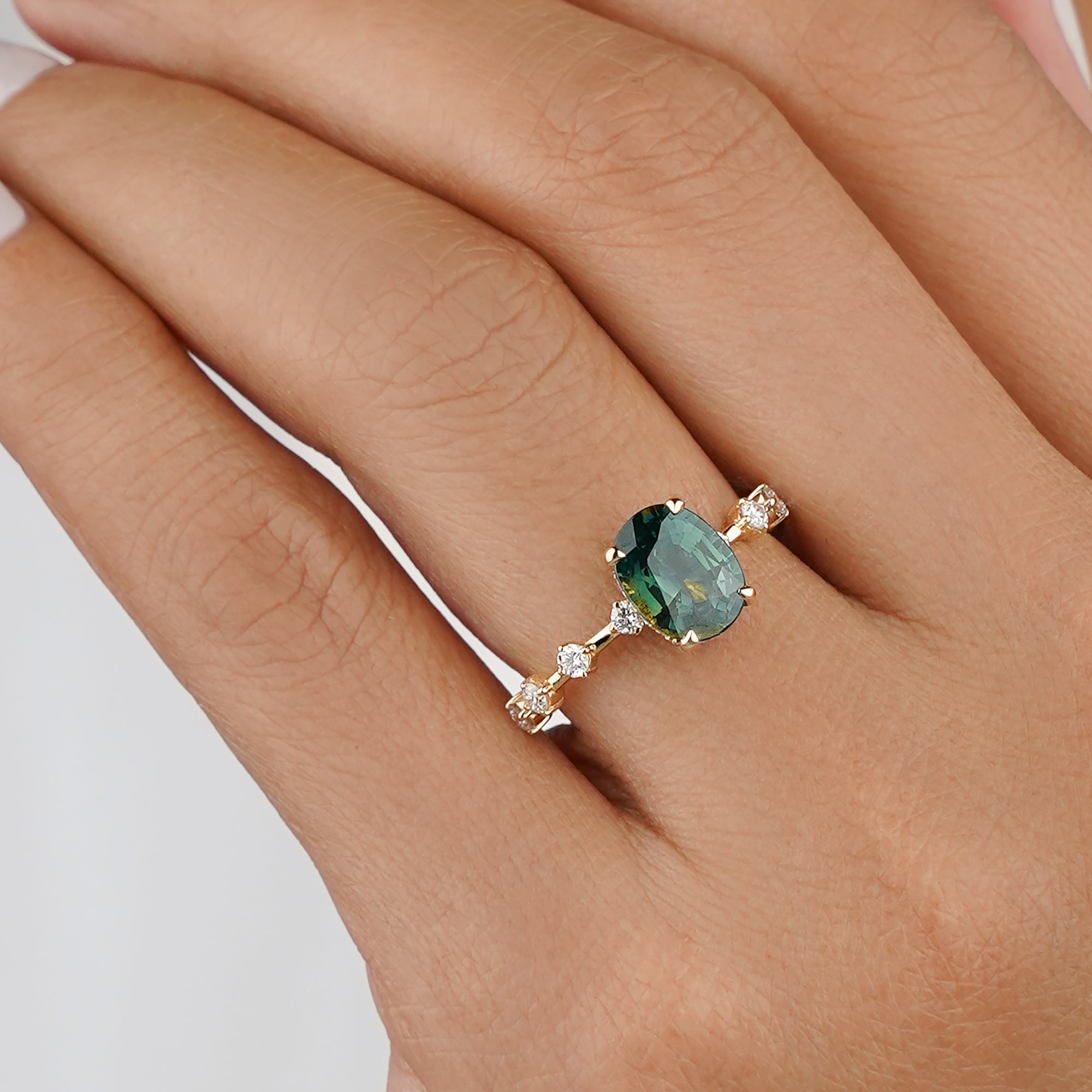 2.56 Carat Oval Parti Sapphire with Distance Lab-grown Diamond Ring - Solid 14K Yellow Gold