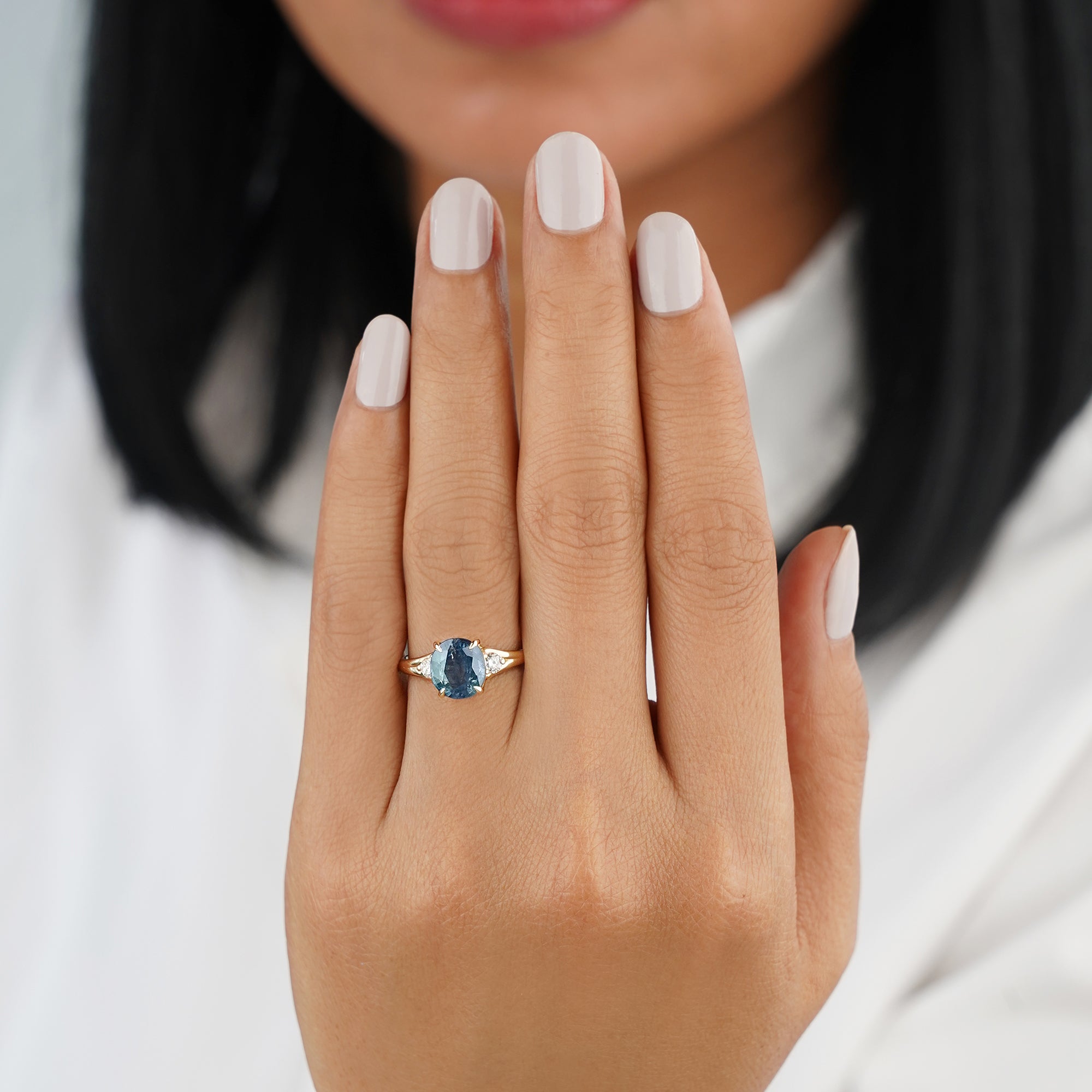 3.9 Carat Oval Teal Sapphire Ring - Double Shank with 3mm Natural Diamond - Solid 14K Yellow Gold