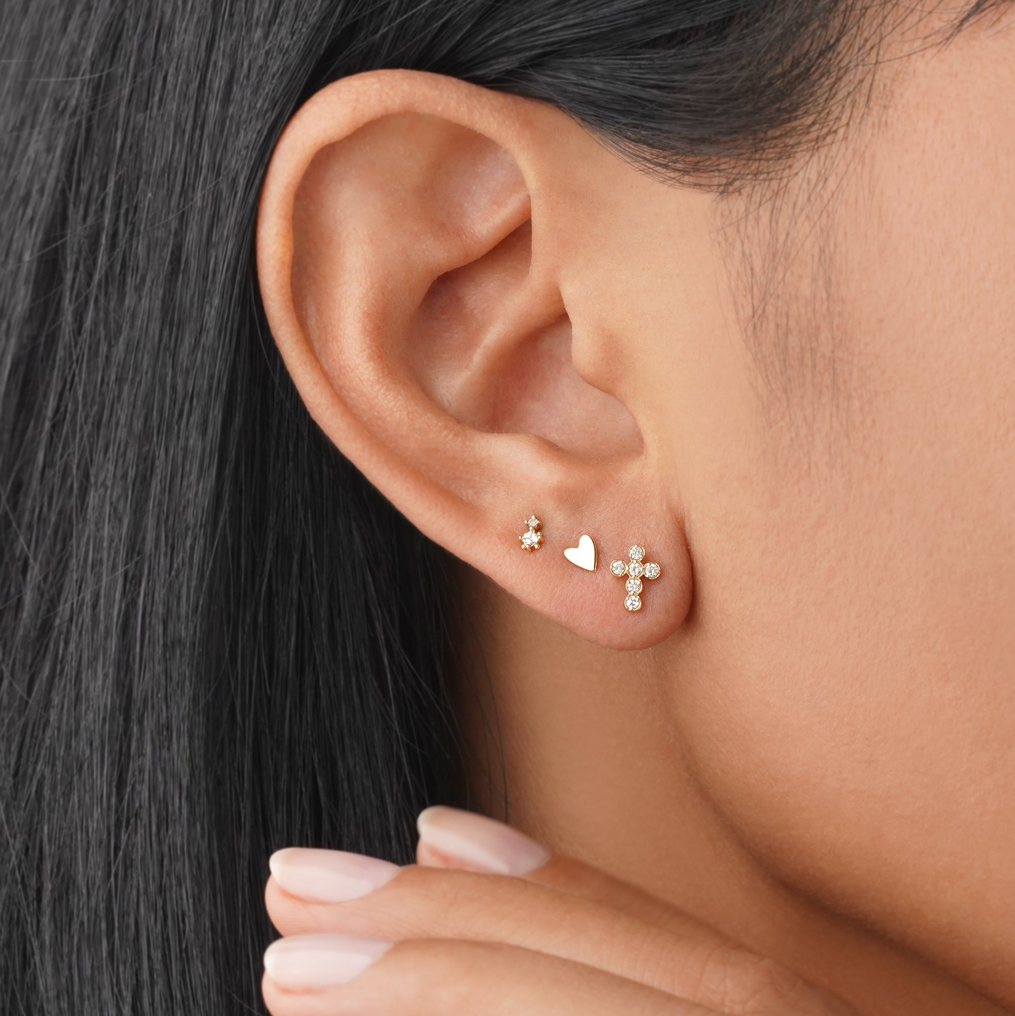 Diamond Cross Flat Back Stud Earring - Solid 14K Yellow Gold