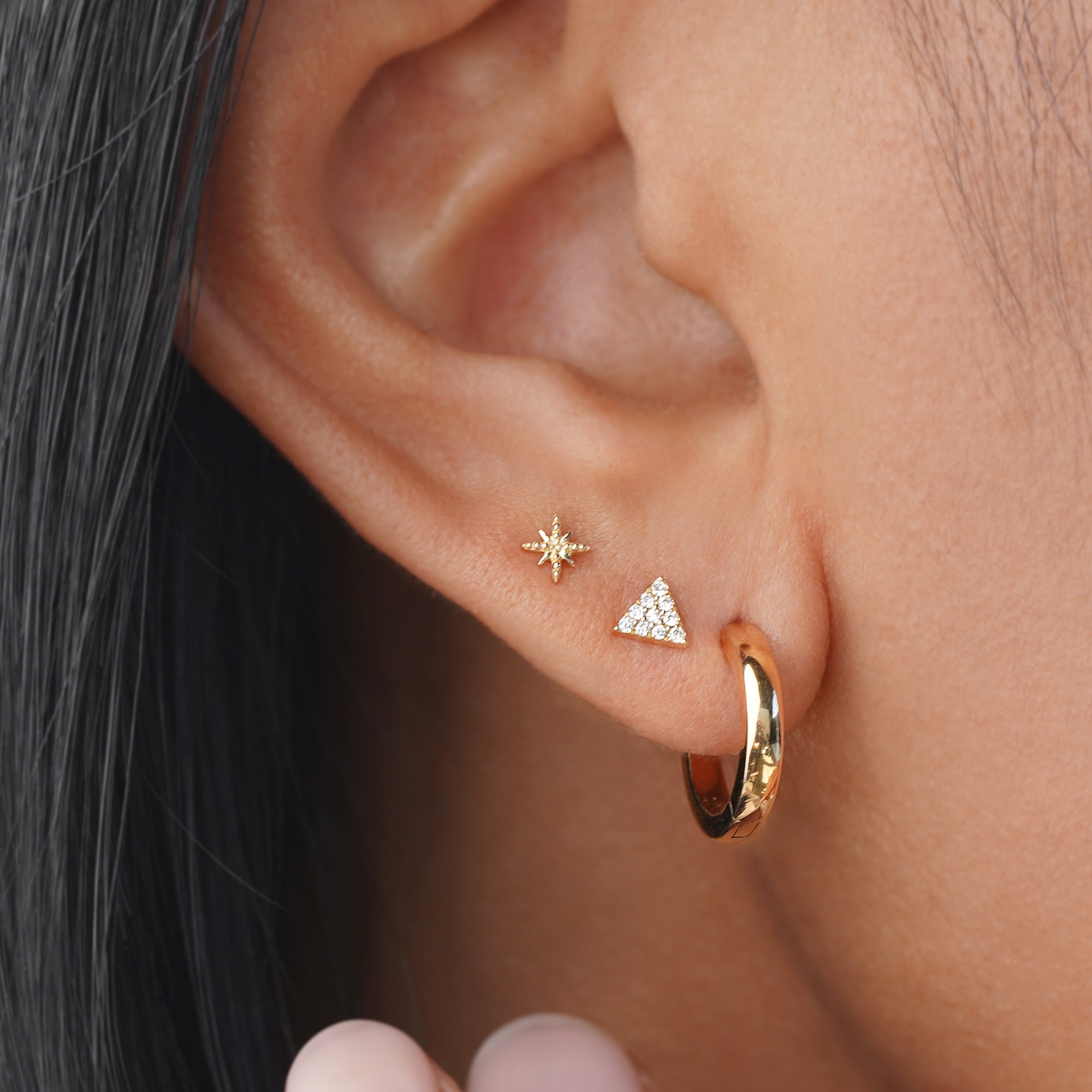 Triangle Diamond Flat Back Stud Earring - Solid 14K Yellow Gold