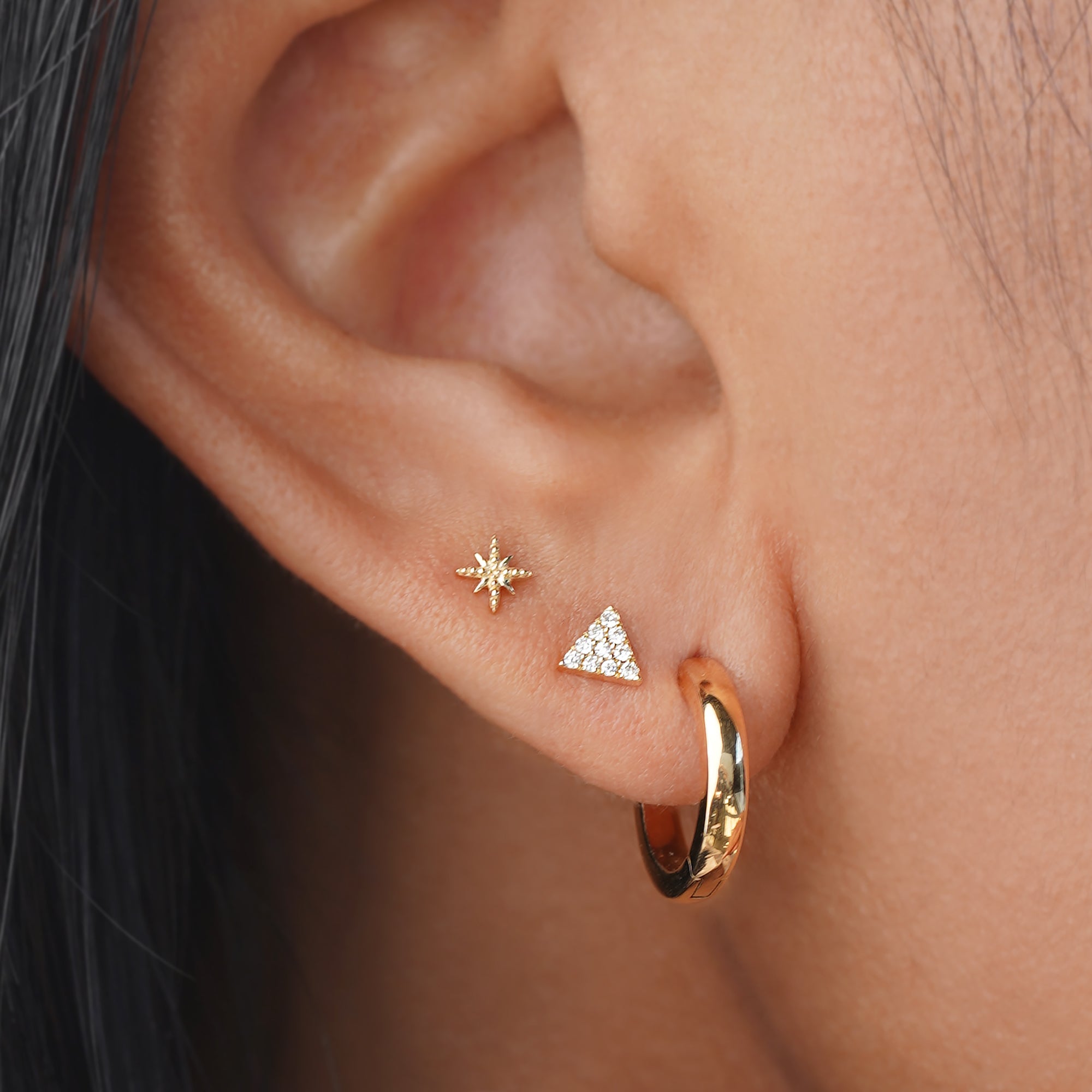 Solid Starburst Flat Back Stud Earring - Solid 14K Yellow Gold