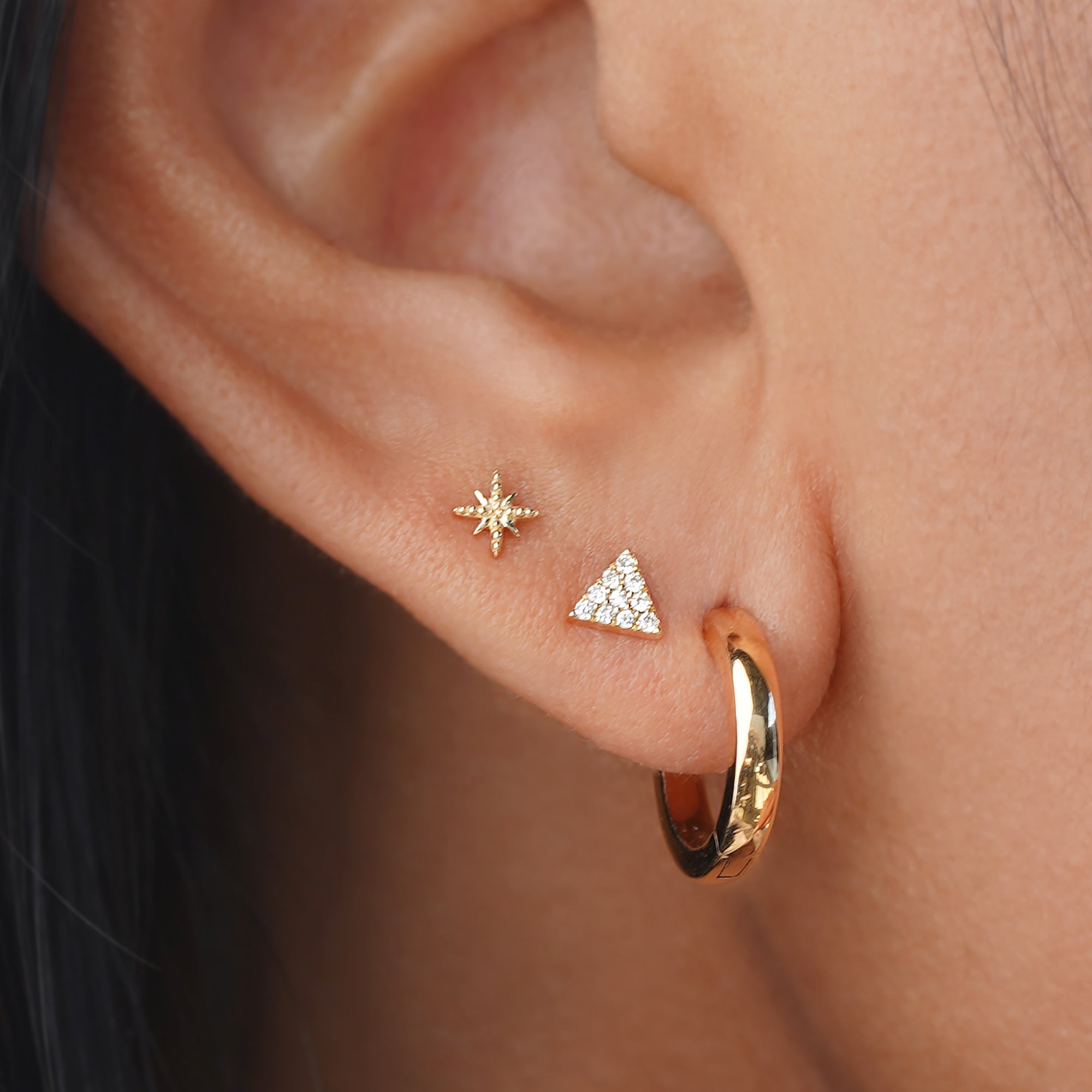 Solid Starburst Flat Back Stud Earring - Solid 14K Yellow Gold