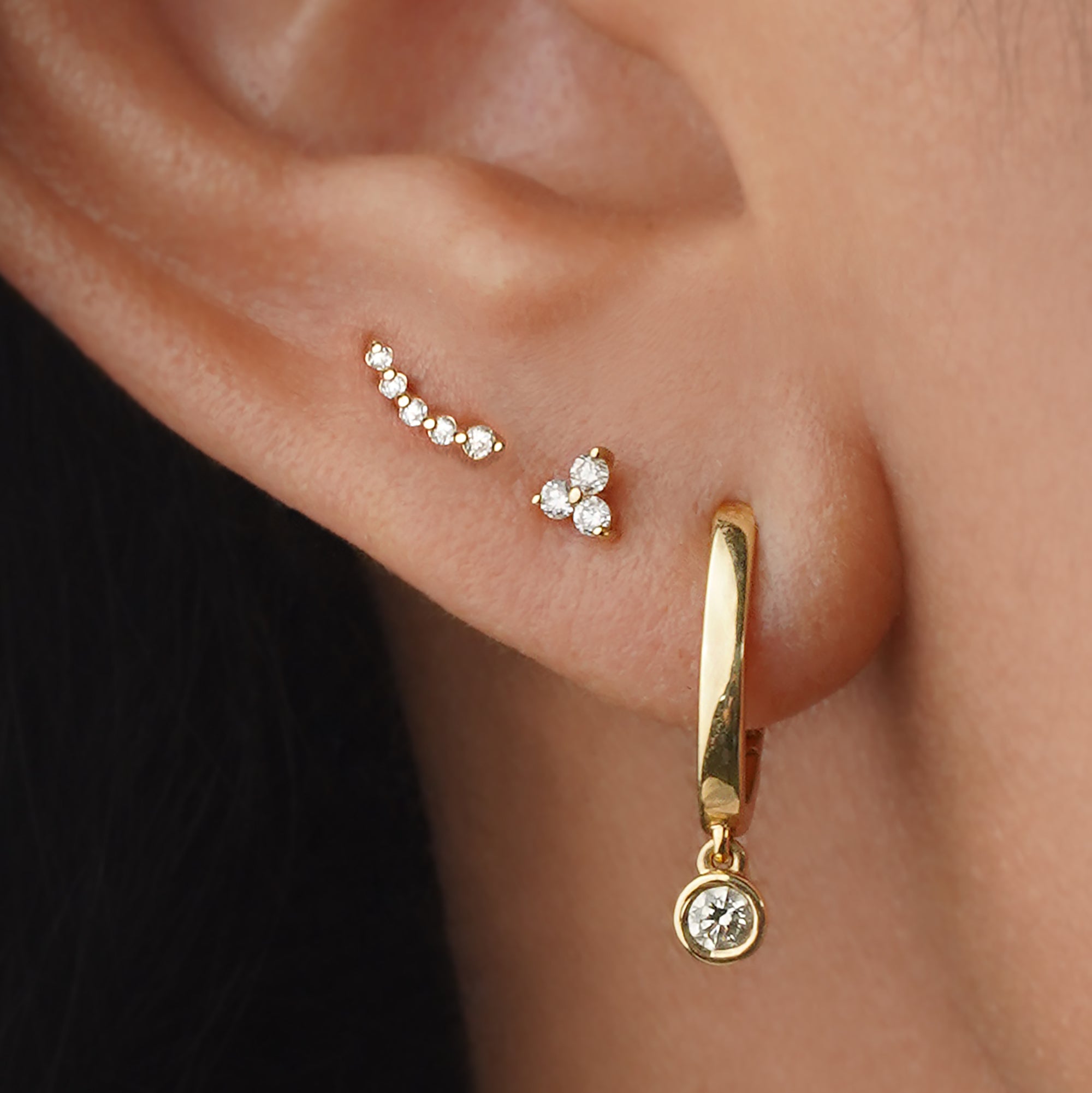 Trio Diamond Flat Back Stud Earring - Solid 14K Yellow Gold