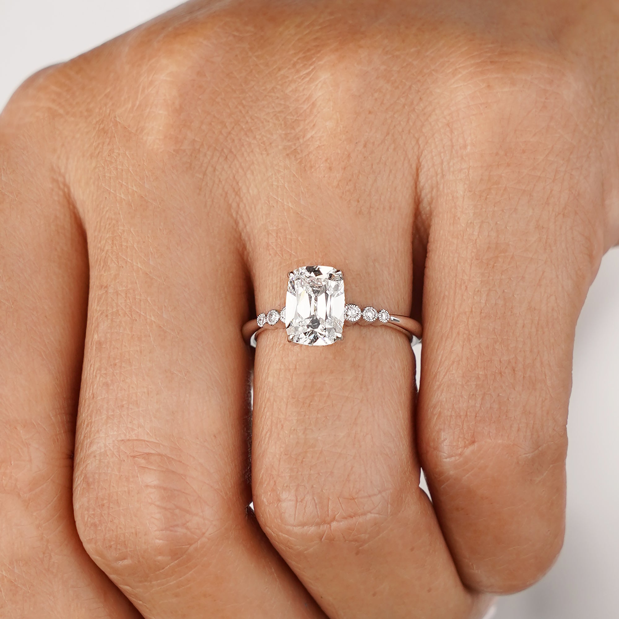 2.1 Carat Antique Cushion Cut Lab-grown Diamond Ring - Solid 14K White Gold