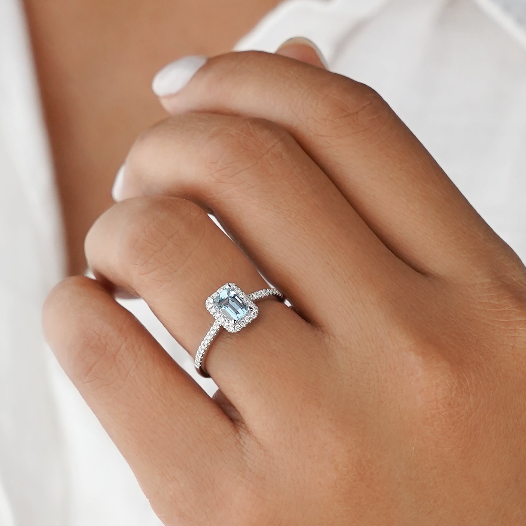 Aquamarine & Halo Natural Diamond Ring - Solid 18k White Gold | BITS OF BALI JEWELRY