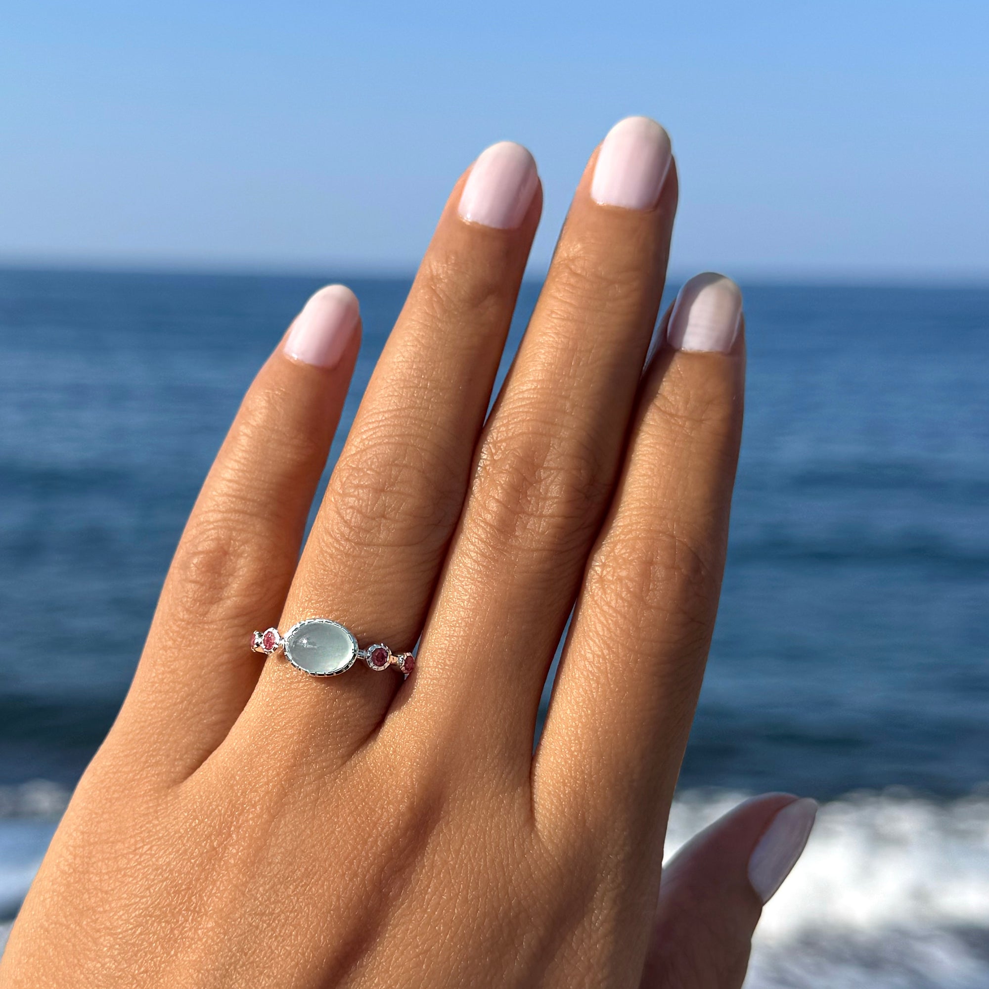 Aquamarine & Pink Tourmaline Ring - Sterling SIlver