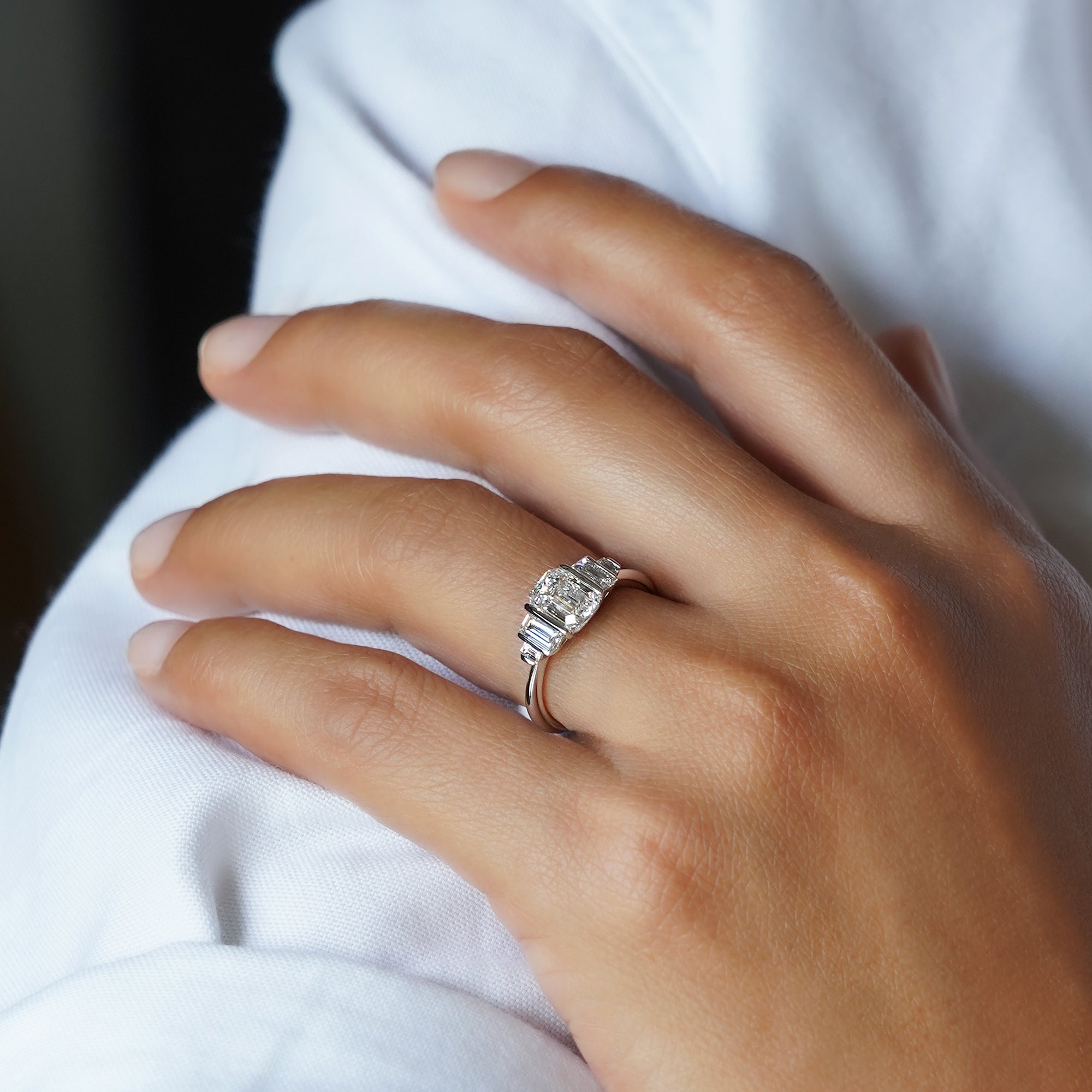 1.92 Carat Emerald Cut Lab-grown White Diamond Art Deco Ring - Solid 14K White Gold