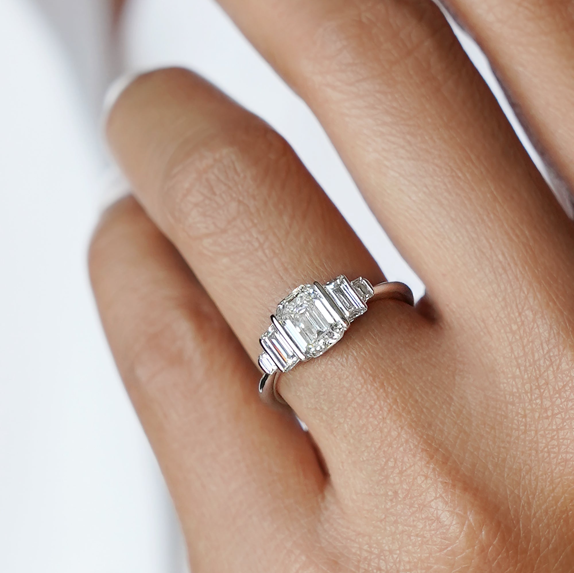 1.92 Carat Emerald Cut Lab-grown White Diamond Art Deco Ring - Solid 14K White Gold