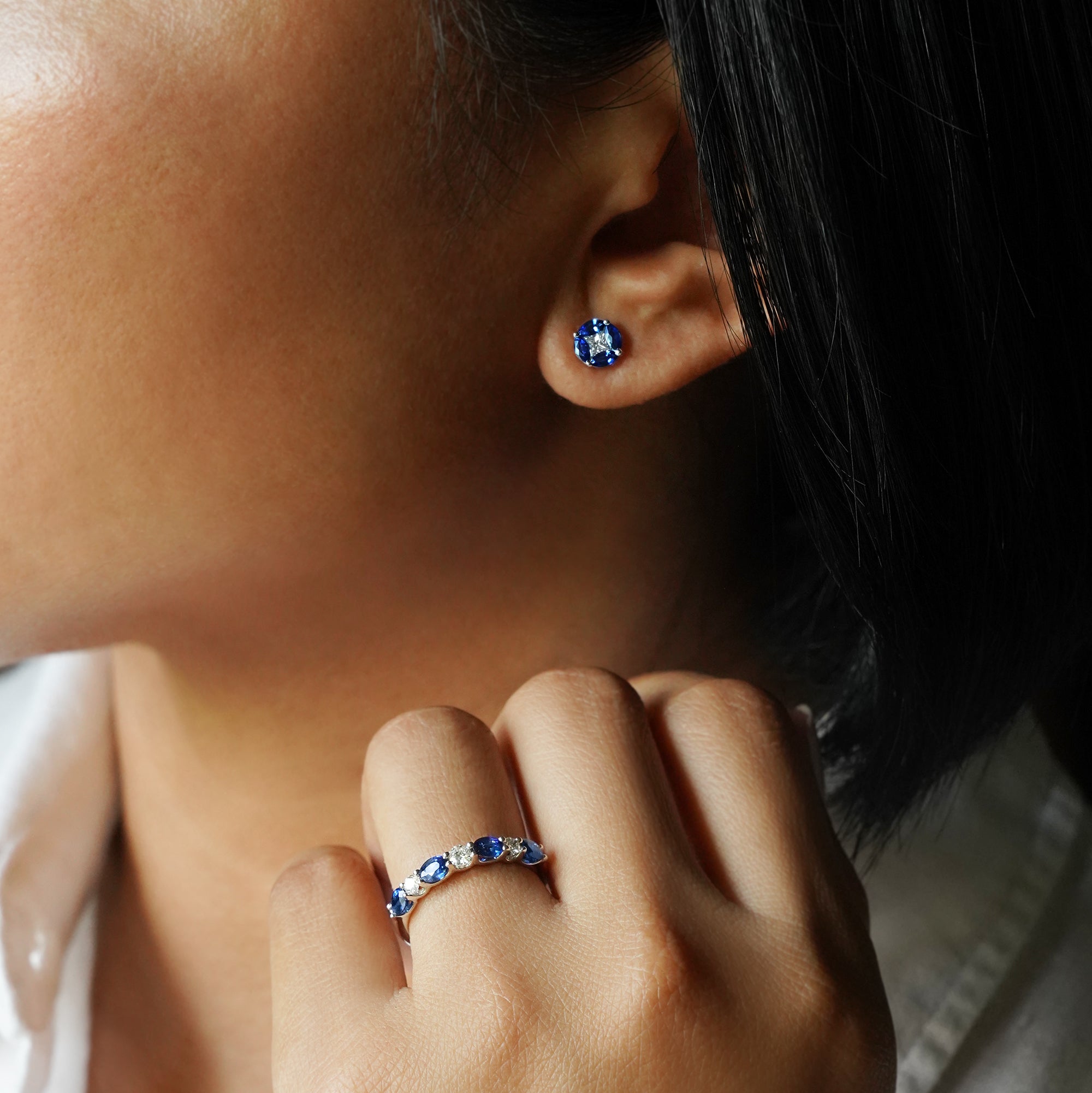 Blue Sapphire & Diamond Half Eternity Band Ring - Solid 18K White Gold | BITS OF BALI JEWELRY