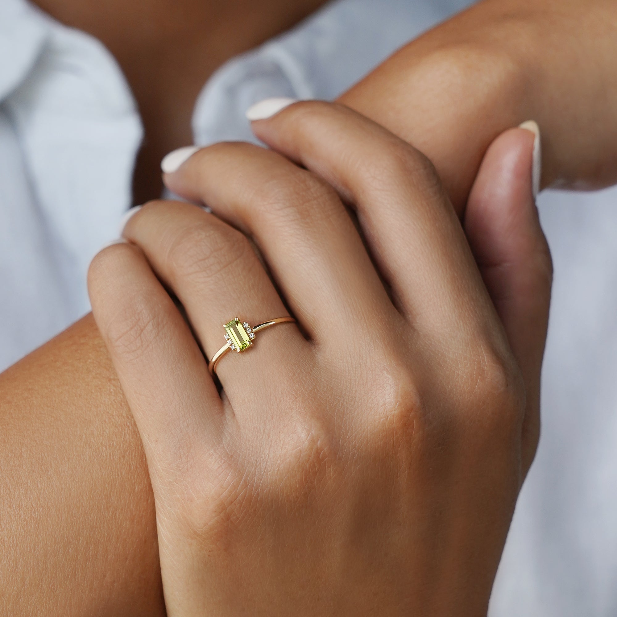 Peridot Baguette & Natural Diamonds Ring - Solid 14K Yellow Gold | BITS OF BALI JEWELRY