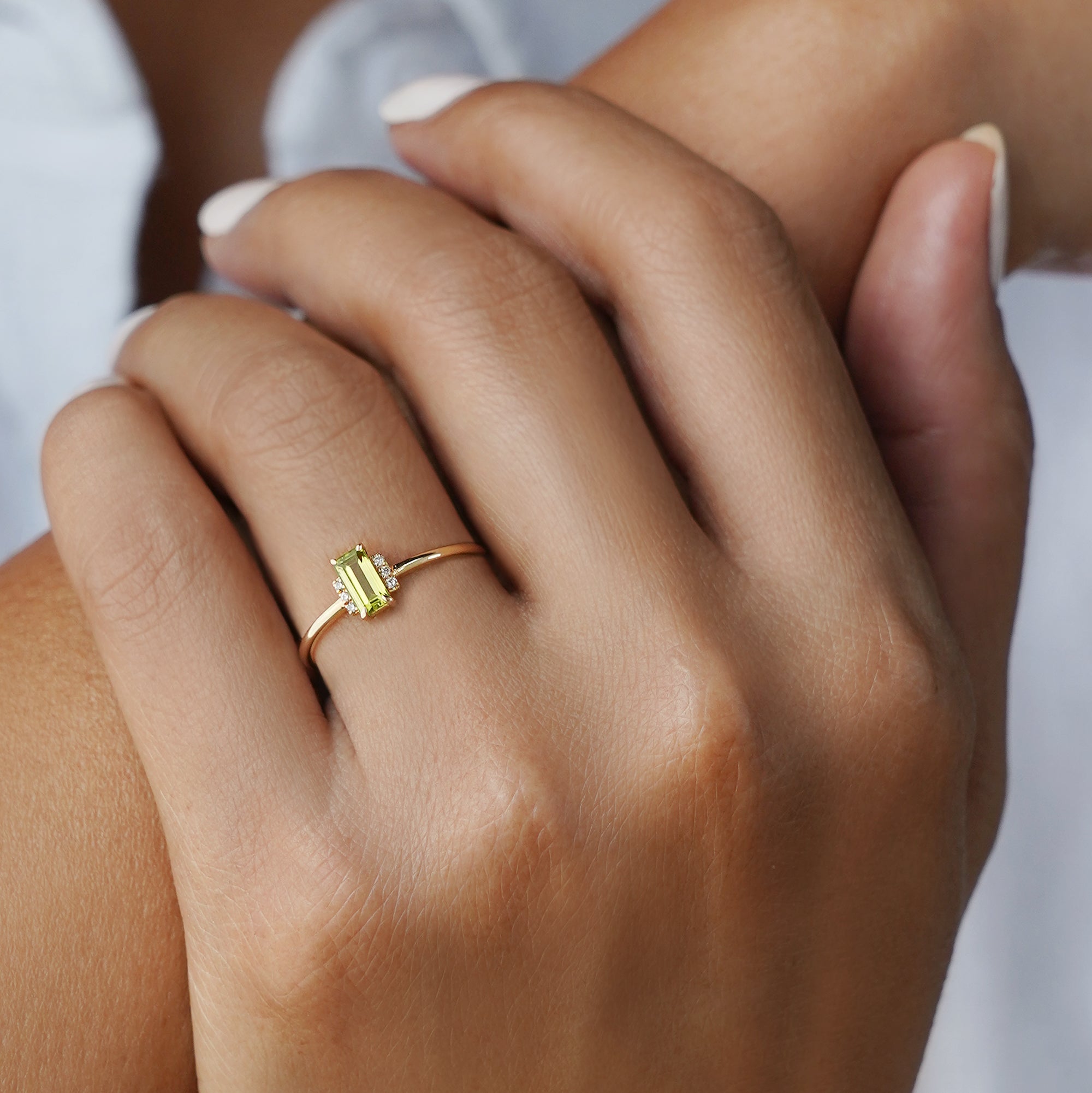 Peridot Baguette & Natural Diamonds Ring - Solid 14K Yellow Gold | BITS OF BALI JEWELRY