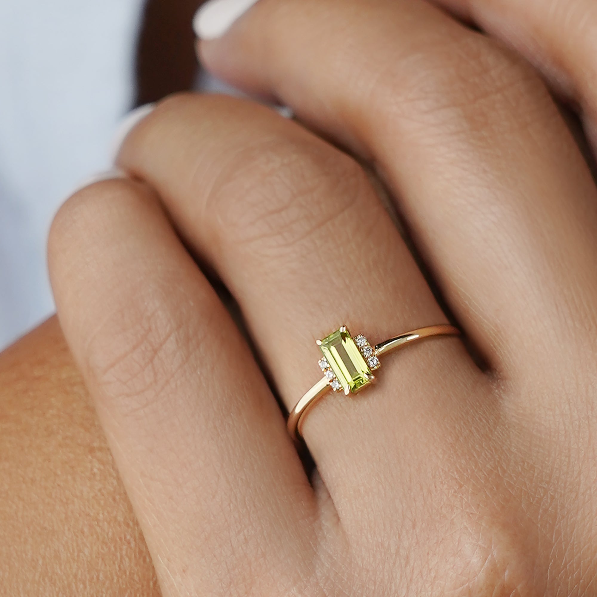 Peridot Baguette & Natural Diamonds Ring - Solid 14K Yellow Gold | BITS OF BALI JEWELRY