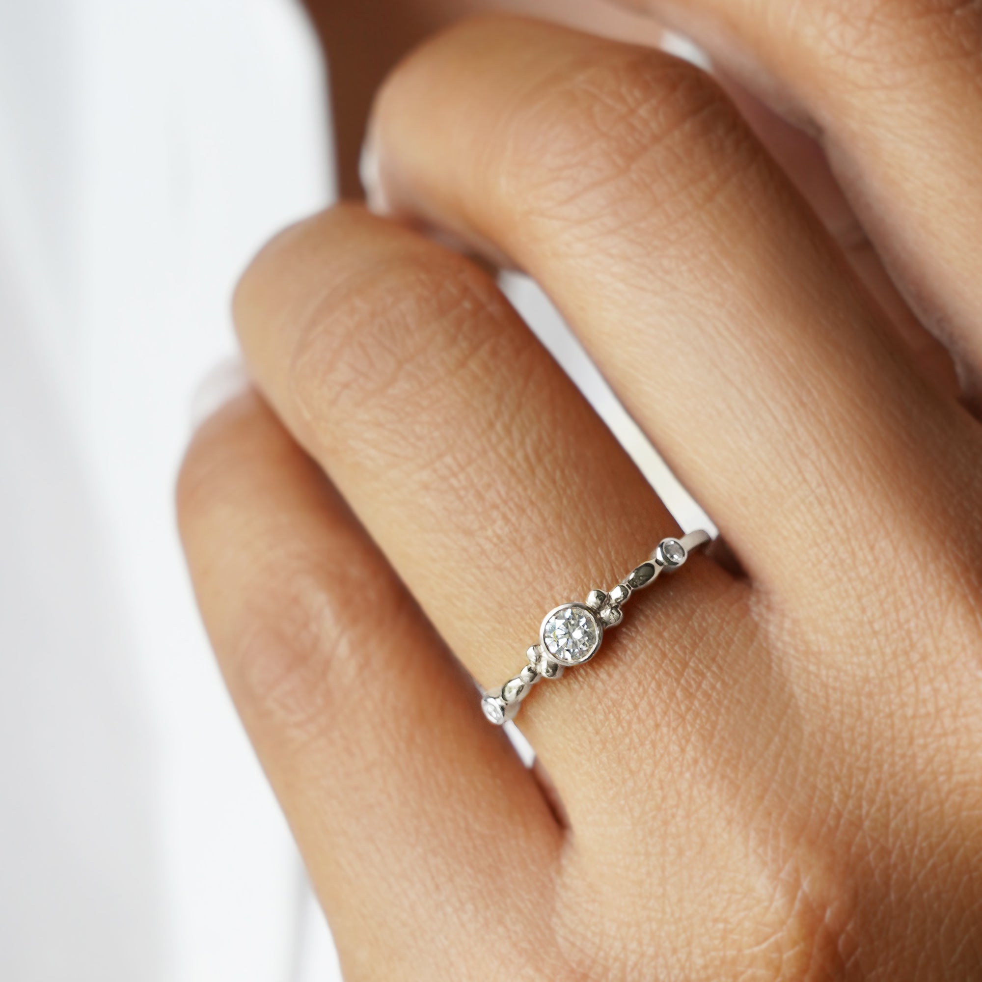 Bezel With 2 Side Diamond Ring - 14K White Gold | BITS OF BALI JEWELRY