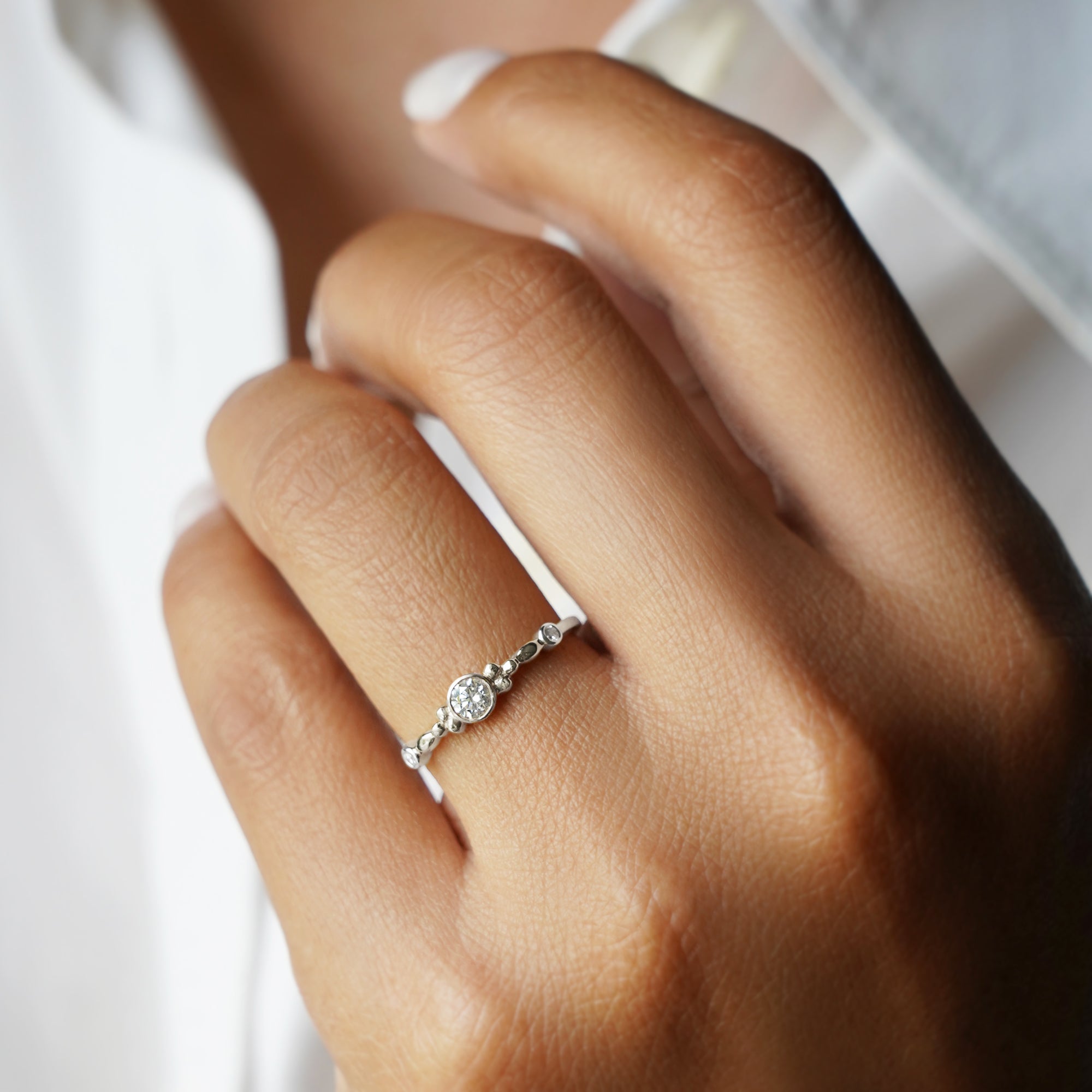 Bezel With 2 Side Diamond Ring - 14K White Gold | BITS OF BALI JEWELRY