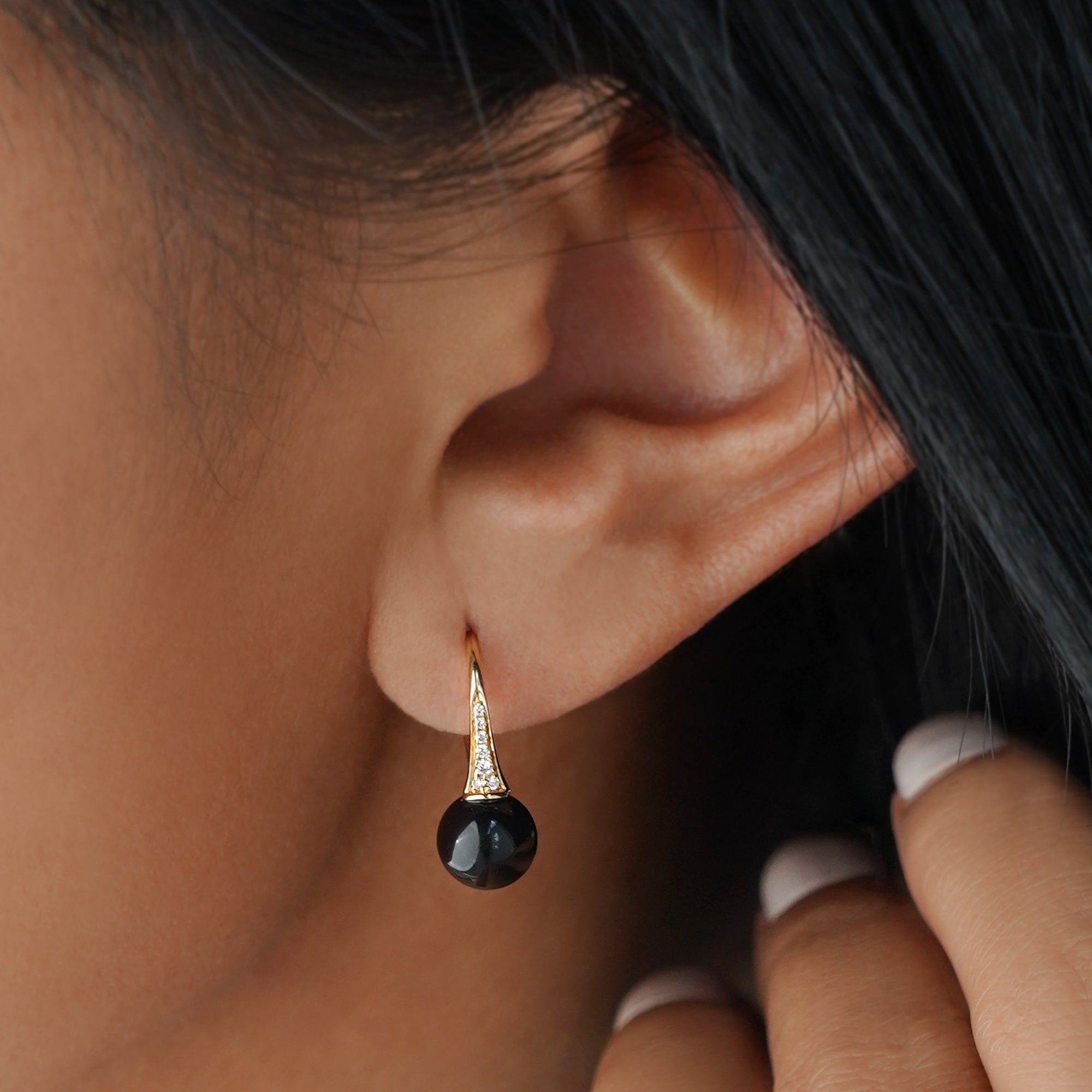 Black Onyx Drop Earrings & Natural Diamonds - Solid 14K Yellow Gold. | BITS OF BALI JEWELRY