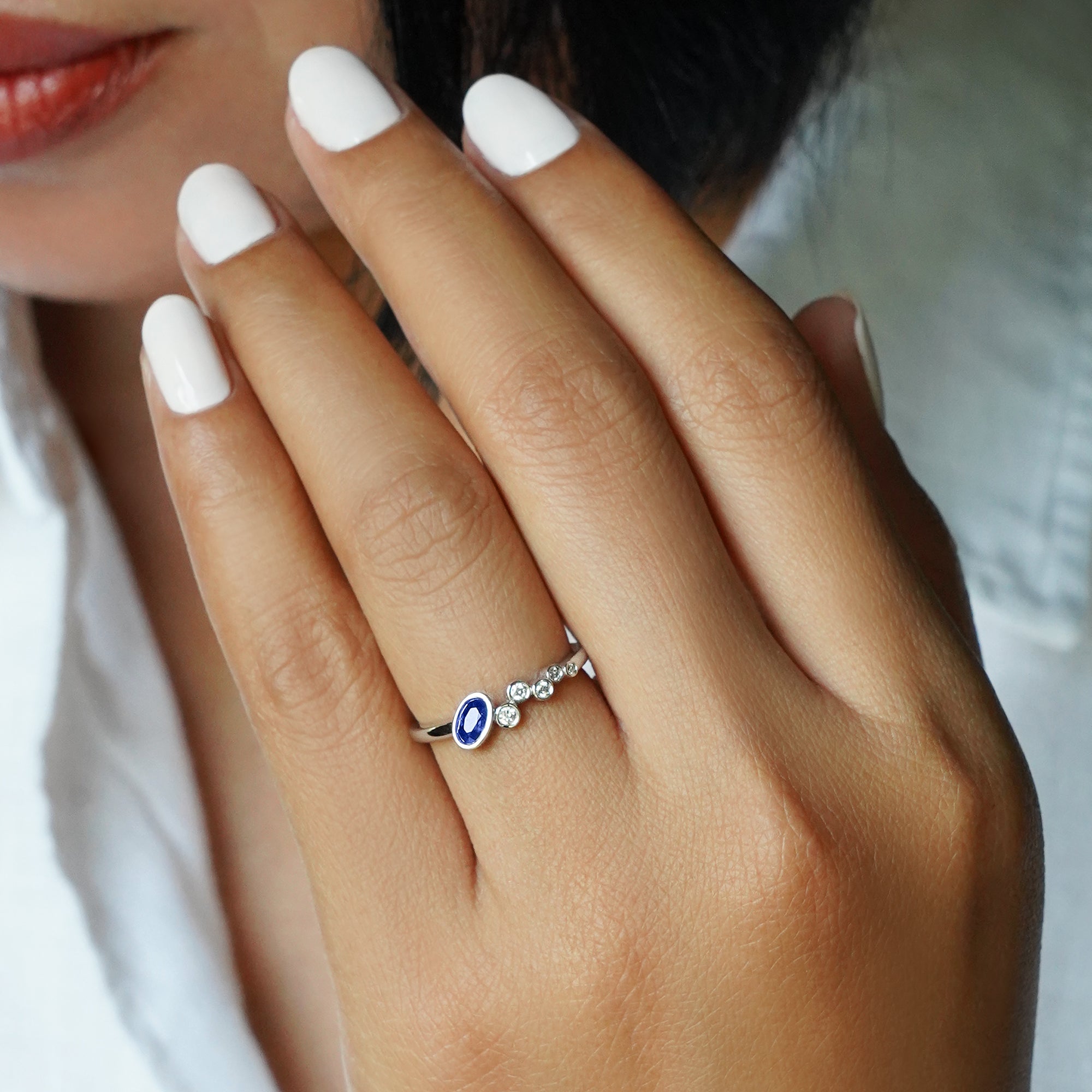 Oval Blue Sapphire & 5 Diamond Ring - Solid 14K White Gold | BITS OF BALI JEWELRY
