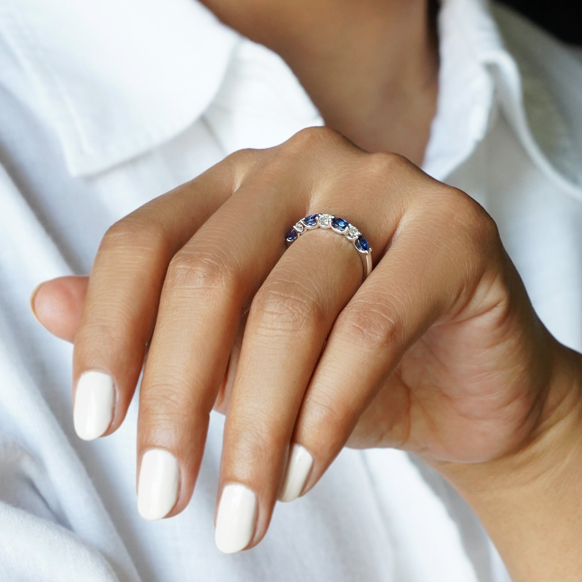 Blue Sapphire & Diamond Half Eternity Band Ring - Solid 18K White Gold | BITS OF BALI JEWELRY