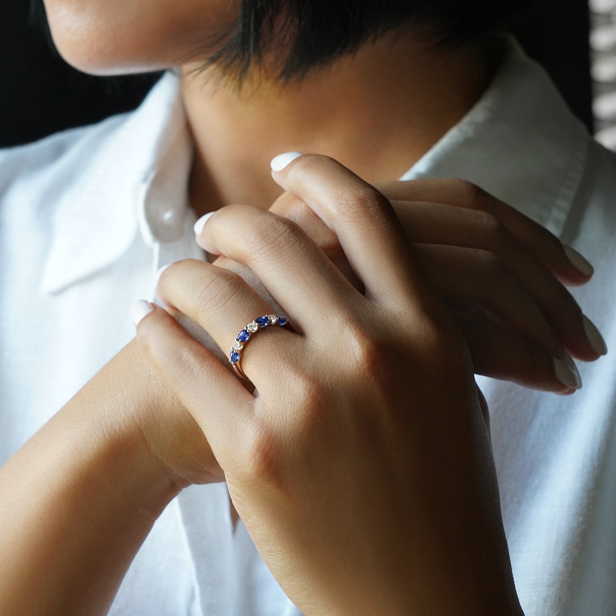 Blue Sapphire & Diamond Half Eternity Band Ring - Solid 18K White Gold | BITS OF BALI JEWELRY