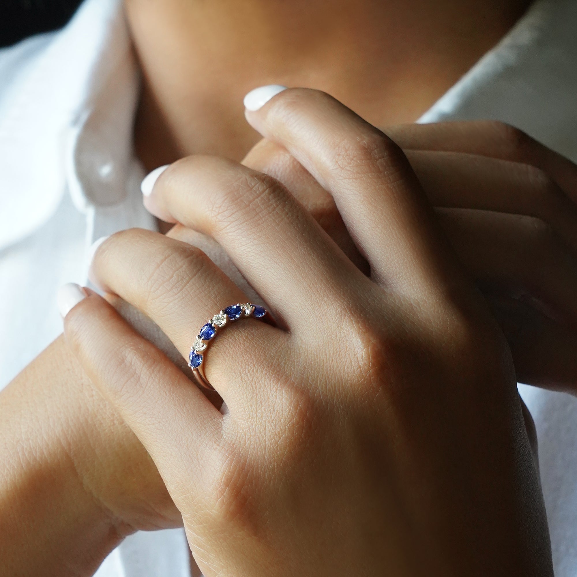 Blue Sapphire & Diamond Half Eternity Band Ring - Solid 18K White Gold | BITS OF BALI JEWELRY