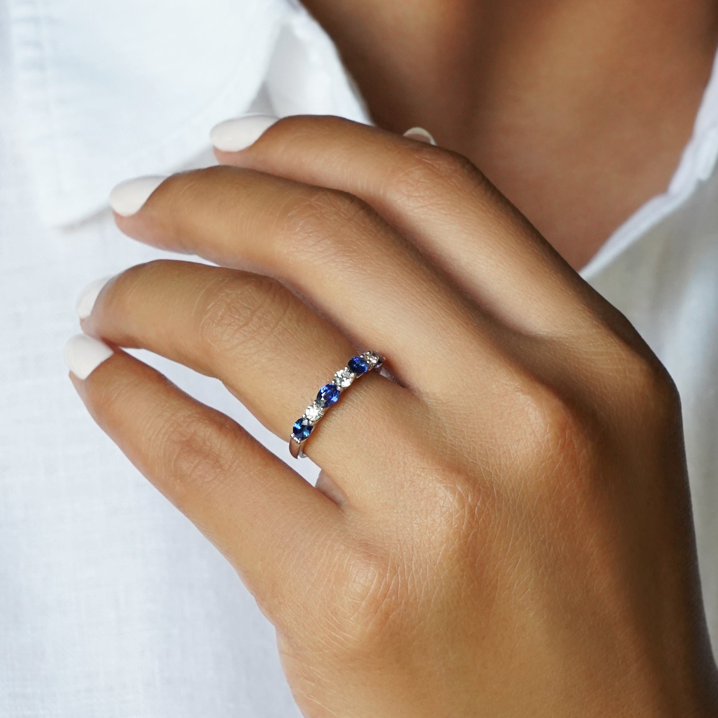 Blue Sapphire & Diamond Half Eternity Band Ring - Solid 18K White Gold | BITS OF BALI JEWELRY