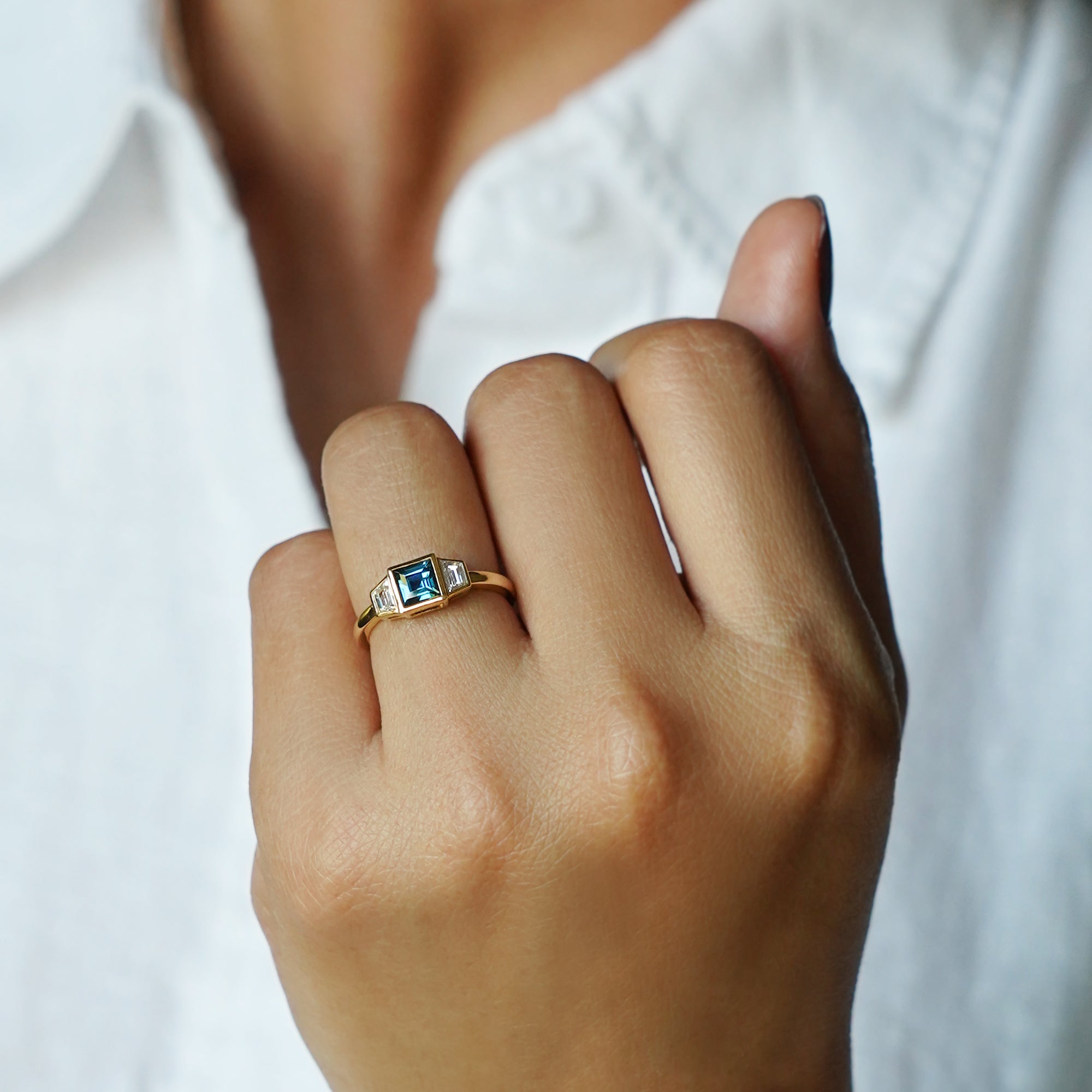 Bezel Teal Sapphire With Trapezoid Side Diamond Ring - Solid 14K Yellow Gold | BITS OF BALI JEWELRY