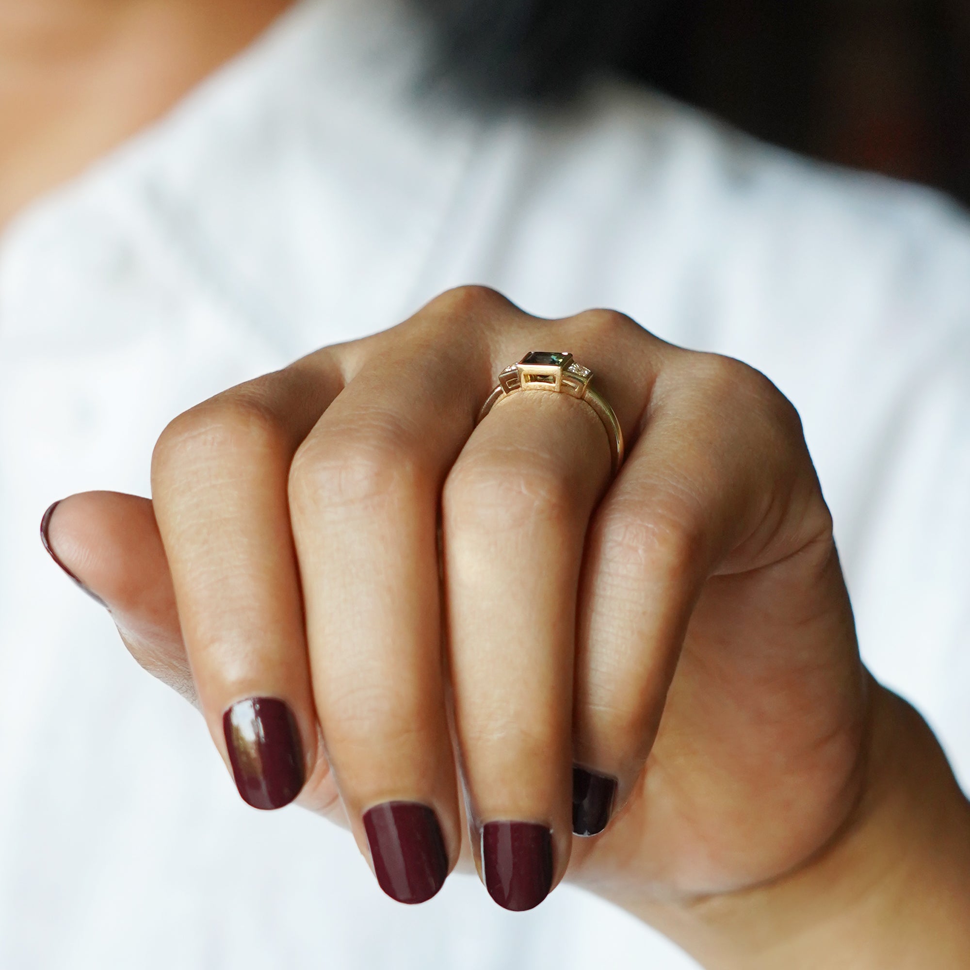 Bezel Teal Sapphire With Trapezoid Side Diamond Ring - Solid 14K Yellow Gold | BITS OF BALI JEWELRY