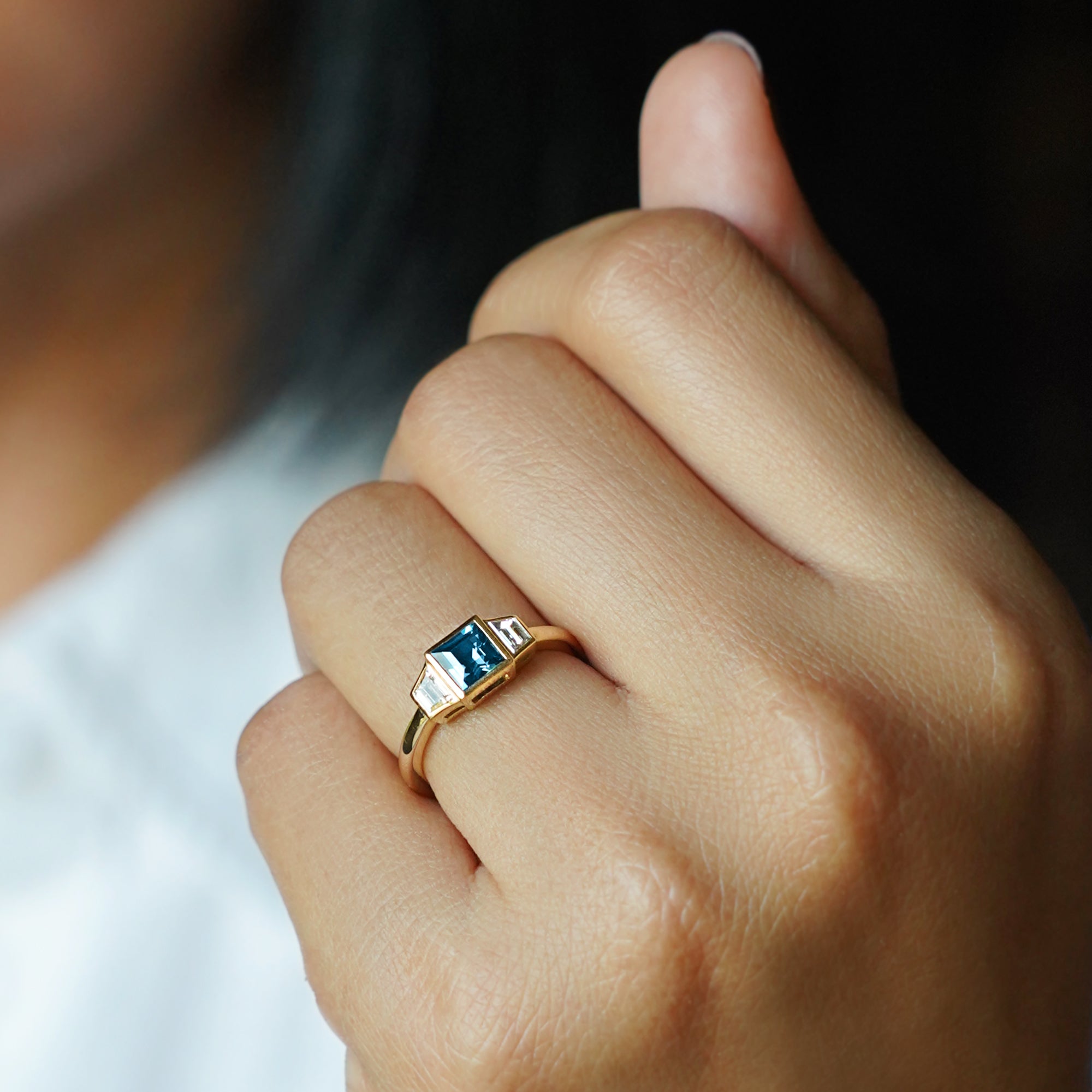 Bezel Teal Sapphire With Trapezoid Side Diamond Ring - Solid 14K Yellow Gold | BITS OF BALI JEWELRY