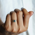 TEAL SAPPHIRE WITH SIX SIDE DIAMOND RING - SOLID 18K YELLOW GOLD