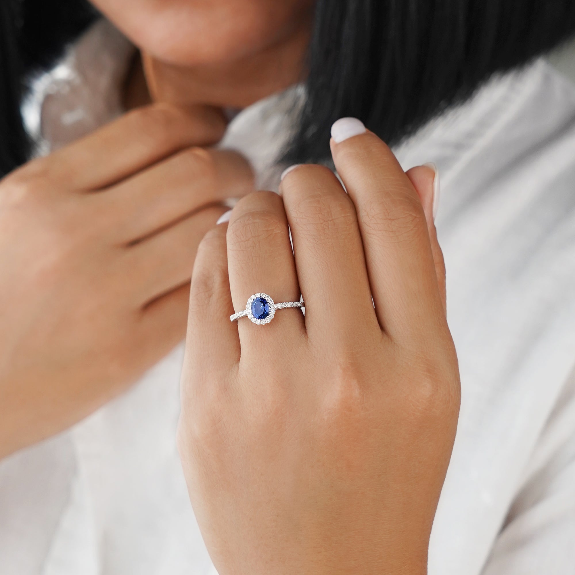 Blue Sapphire With Halo & Shank Diamond Ring - Solid 18k White Gold | BITS OF BALI JEWELRY