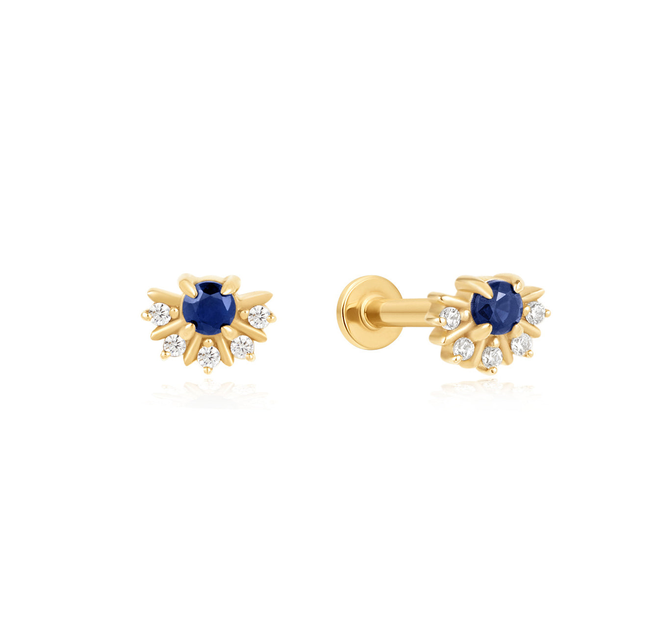 Blue Sapphire & Diamond Flat Back Stud Earrings - Solid 14K Yellow Gold | BITS OF BALI JEWELRY