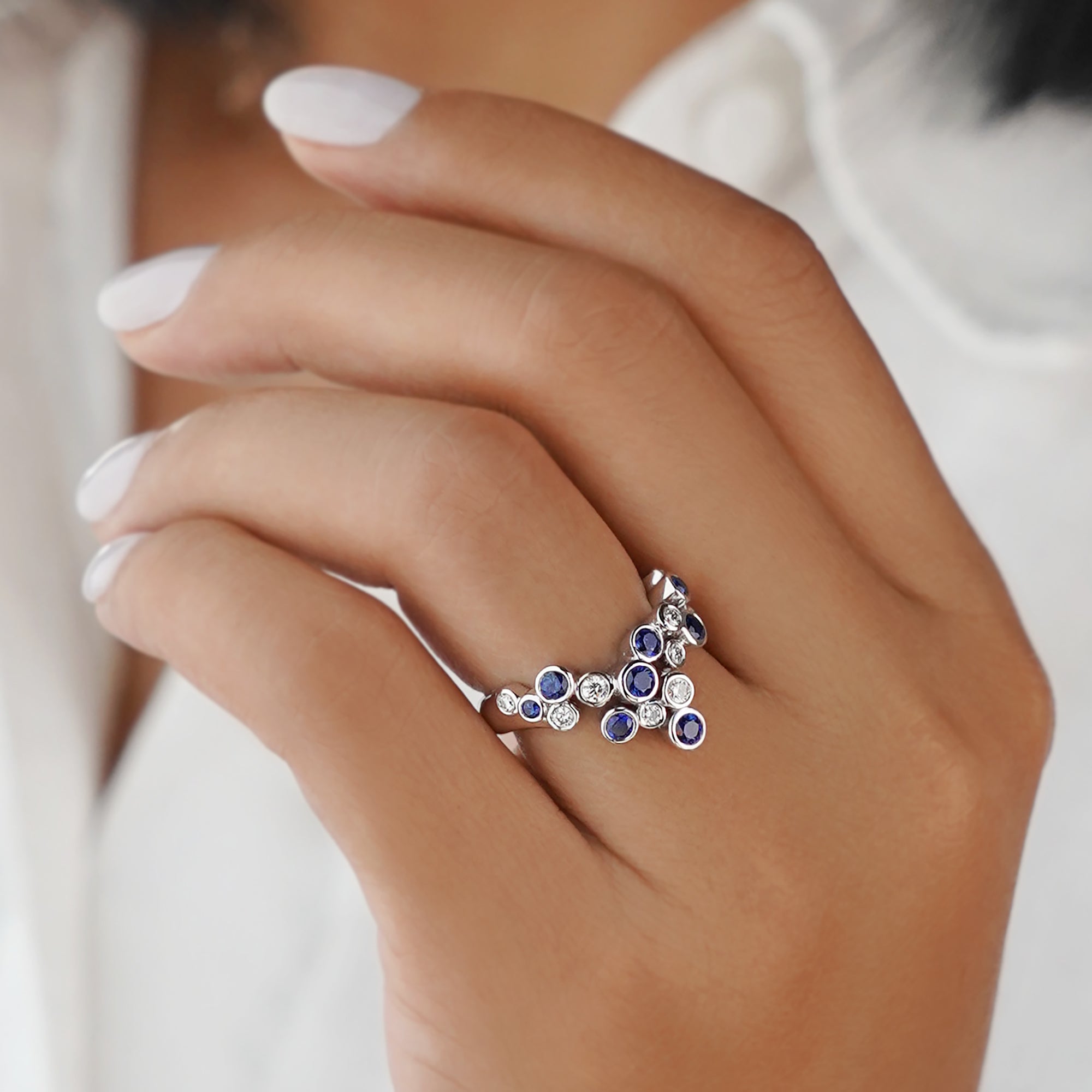 Bubble Blue Sapphire & Natural Diamond Ring - Solid 18K White Gold | BITS OF BALI JEWELRY