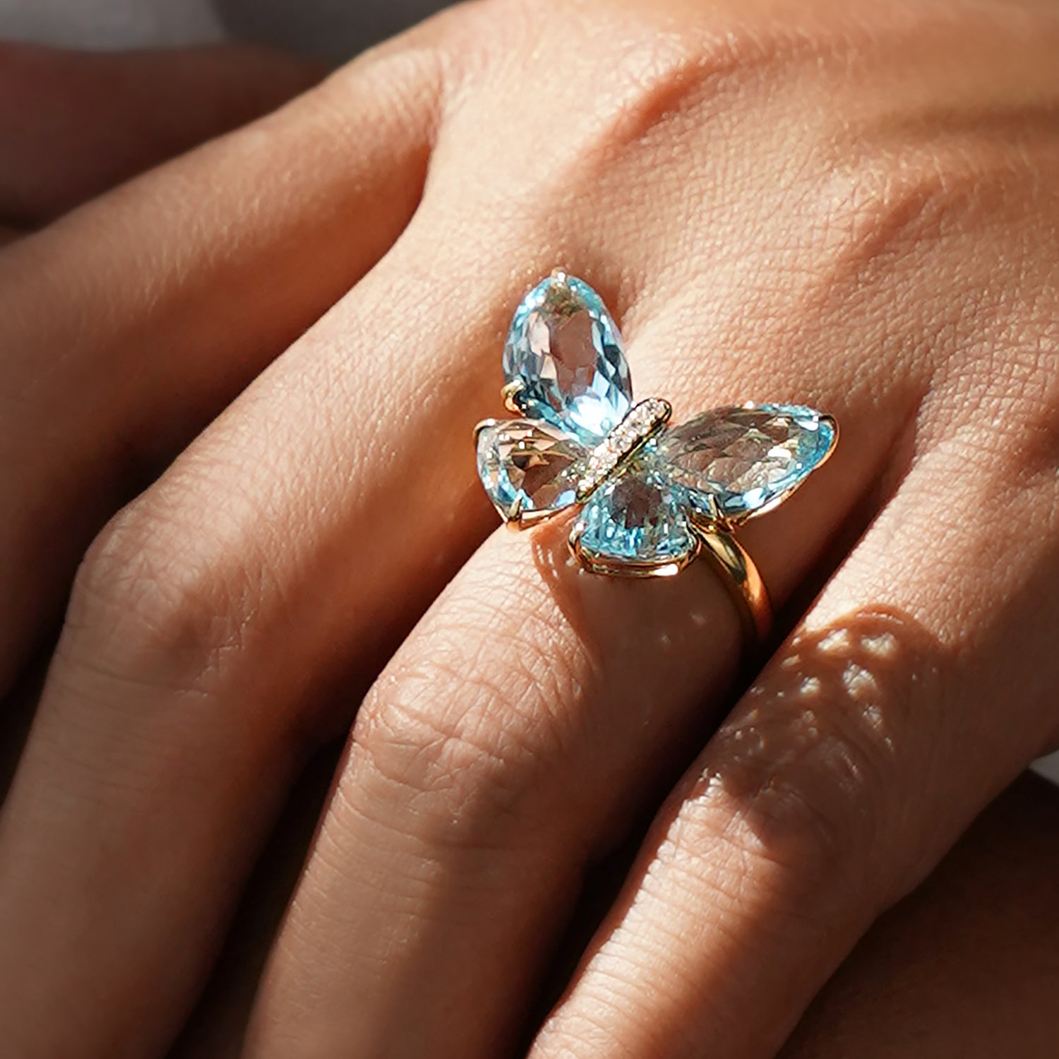 Butterfly Blue Topaz Ring - Solid 18K Yellow Gold | BITS OF BALI JEWELRY