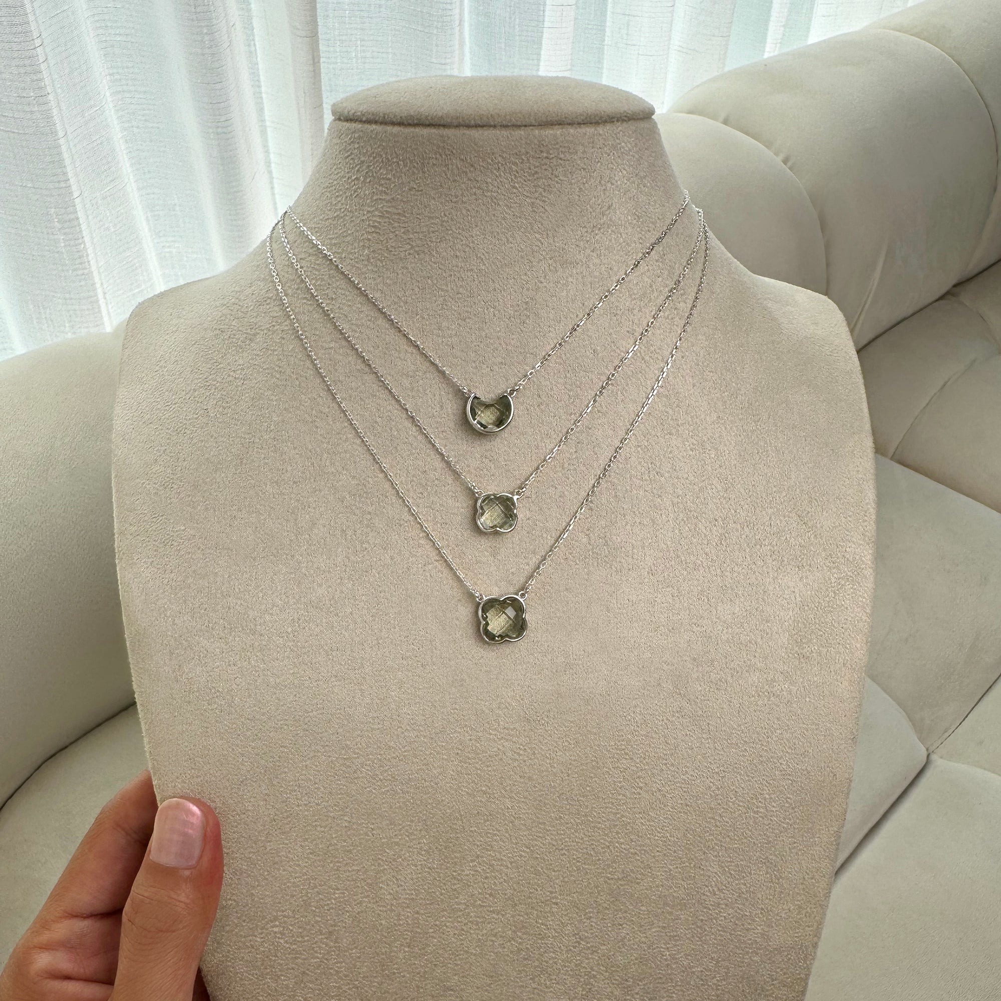 Green Amethyst Small Clover Necklace - Sterling Silver