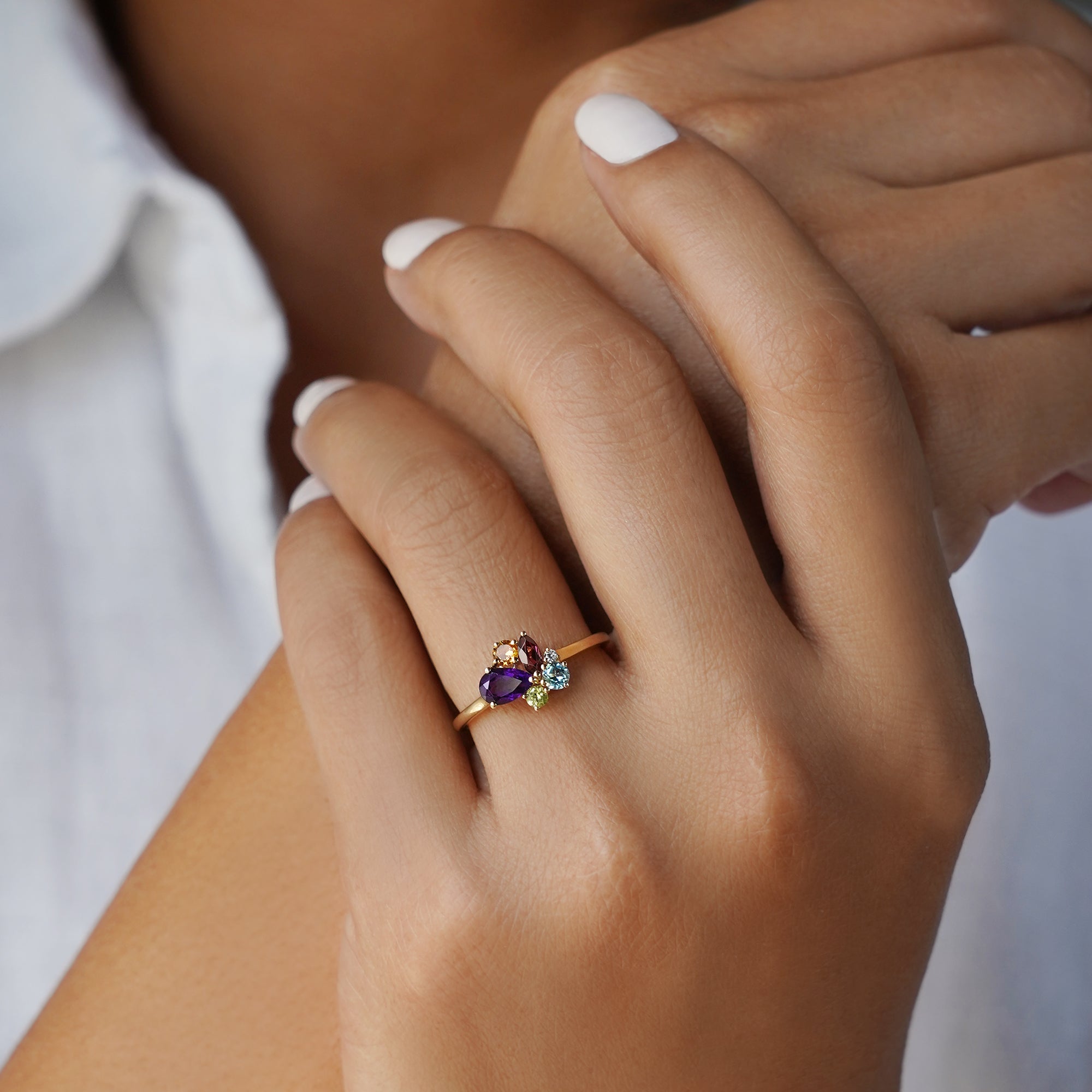 Clustered Multi-Colored Gemstones Ring - Solid 14K Yellow Gold.