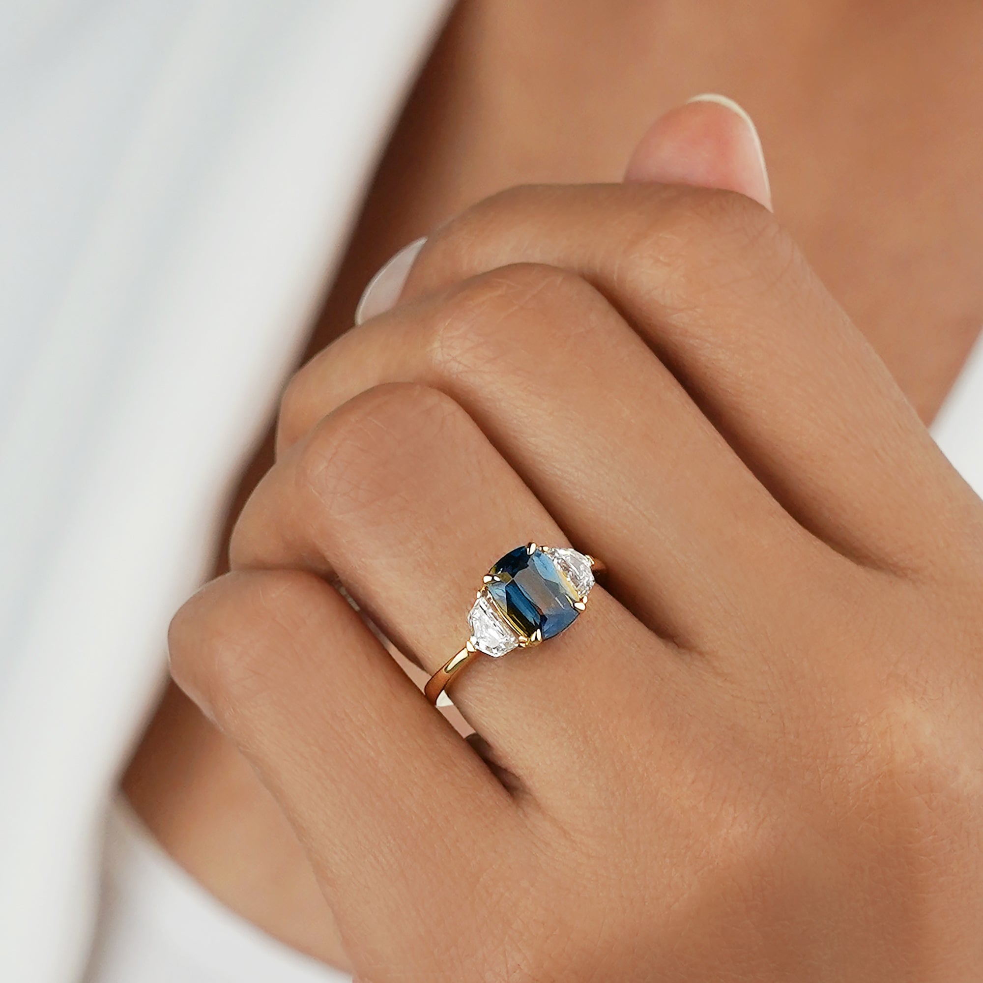 2 Carat Parti Sapphire Elongated Cushion with Cadillac Side Diamonds - Solid 18K Yellow Gold | BITS OF BALI JEWELRY