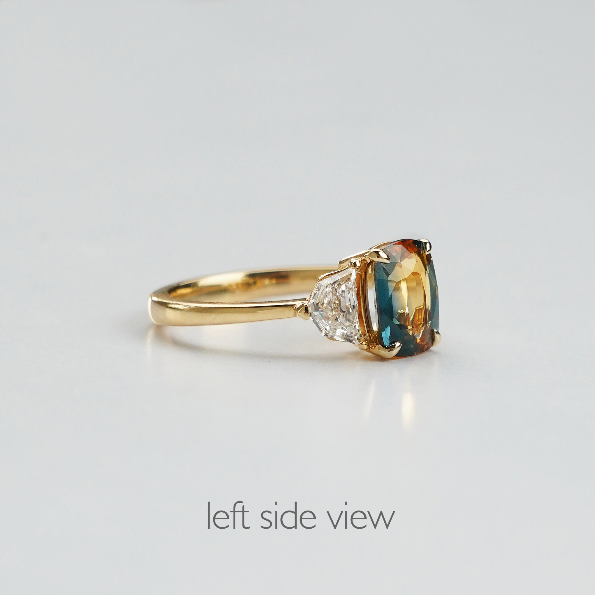 2 Carat Parti Sapphire Elongated Cushion with Cadillac Side Diamonds - Solid 18K Yellow Gold | BITS OF BALI JEWELRY