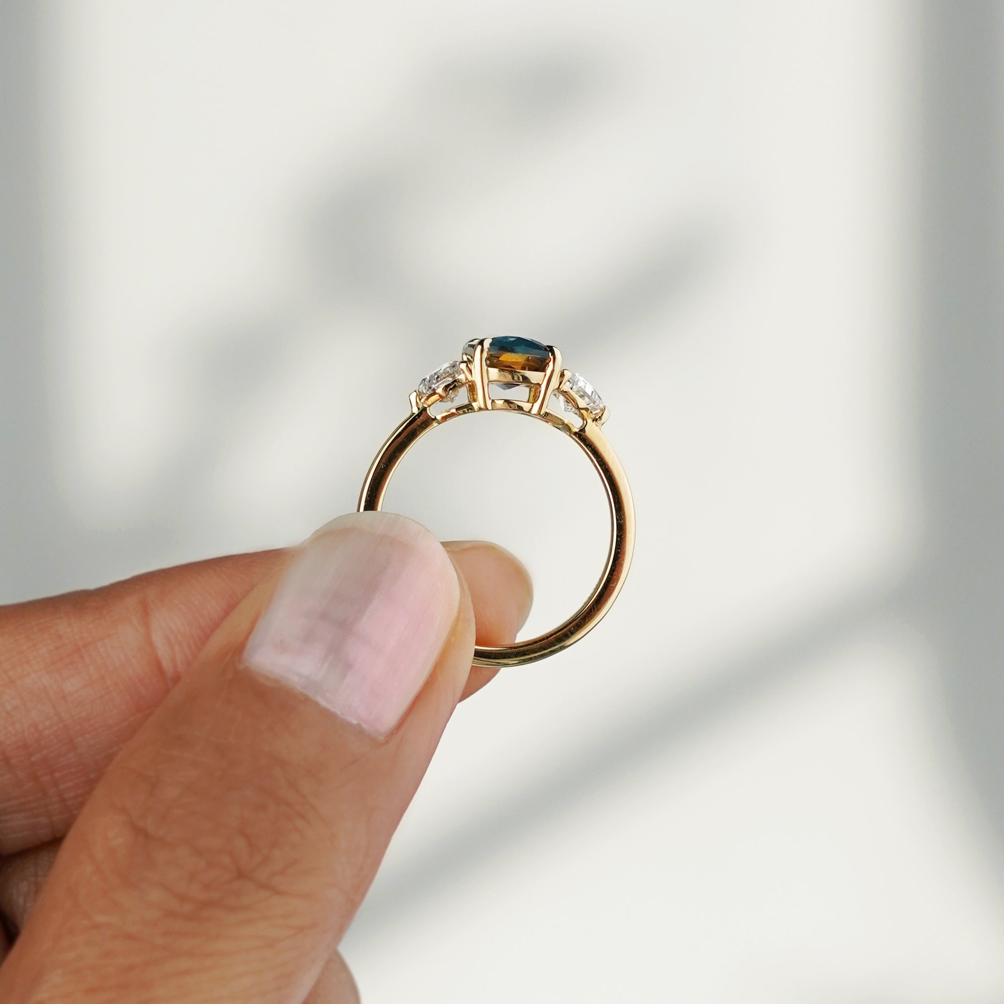 2 Carat Parti Sapphire Elongated Cushion with Cadillac Side Diamond Ring - Solid 18K Yellow Gold | BITS OF BALI JEWELRY