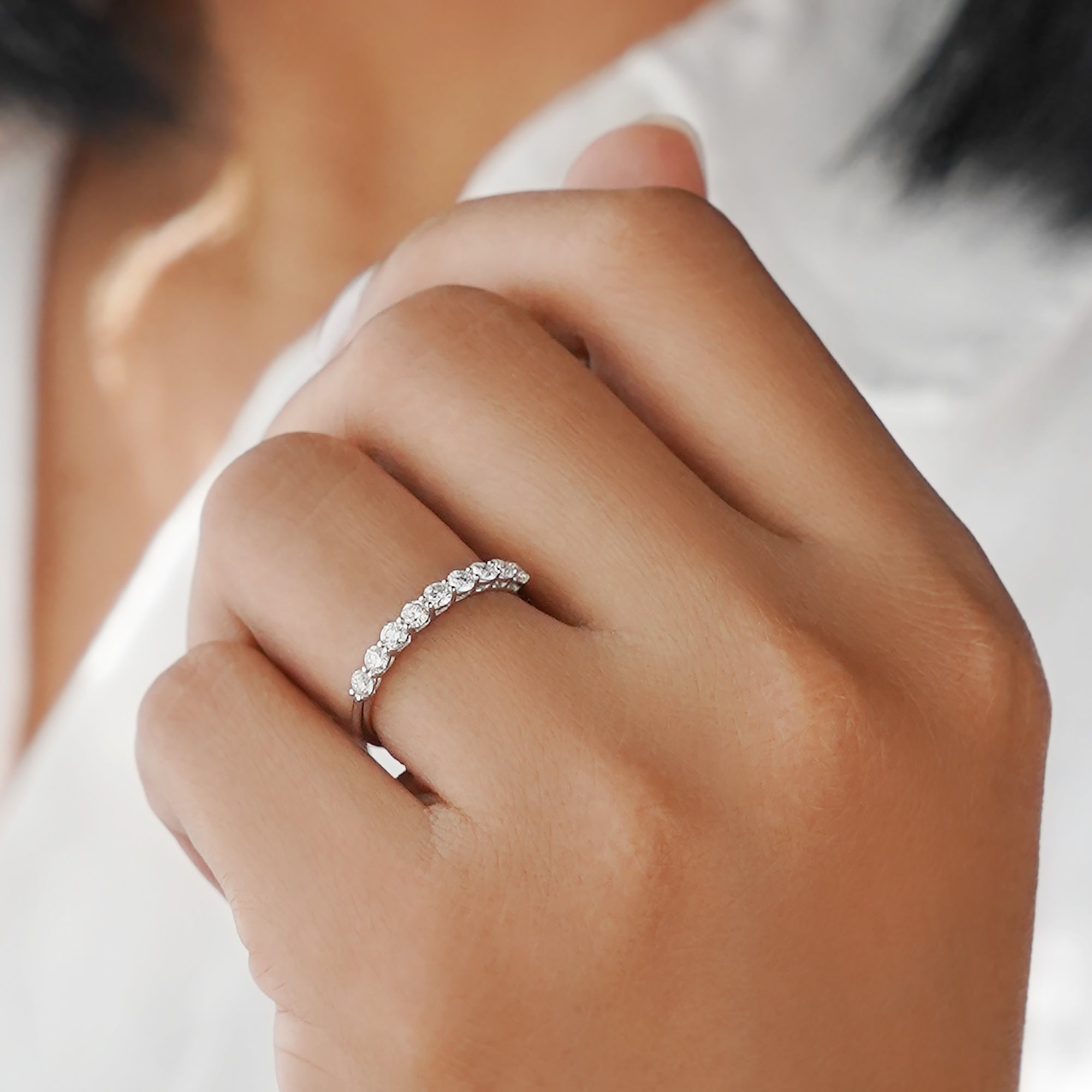 Half Eternity Shared Prong Natural Diamond Ring - Solid 18k White Gold | BITS OF BALI JEWELRY