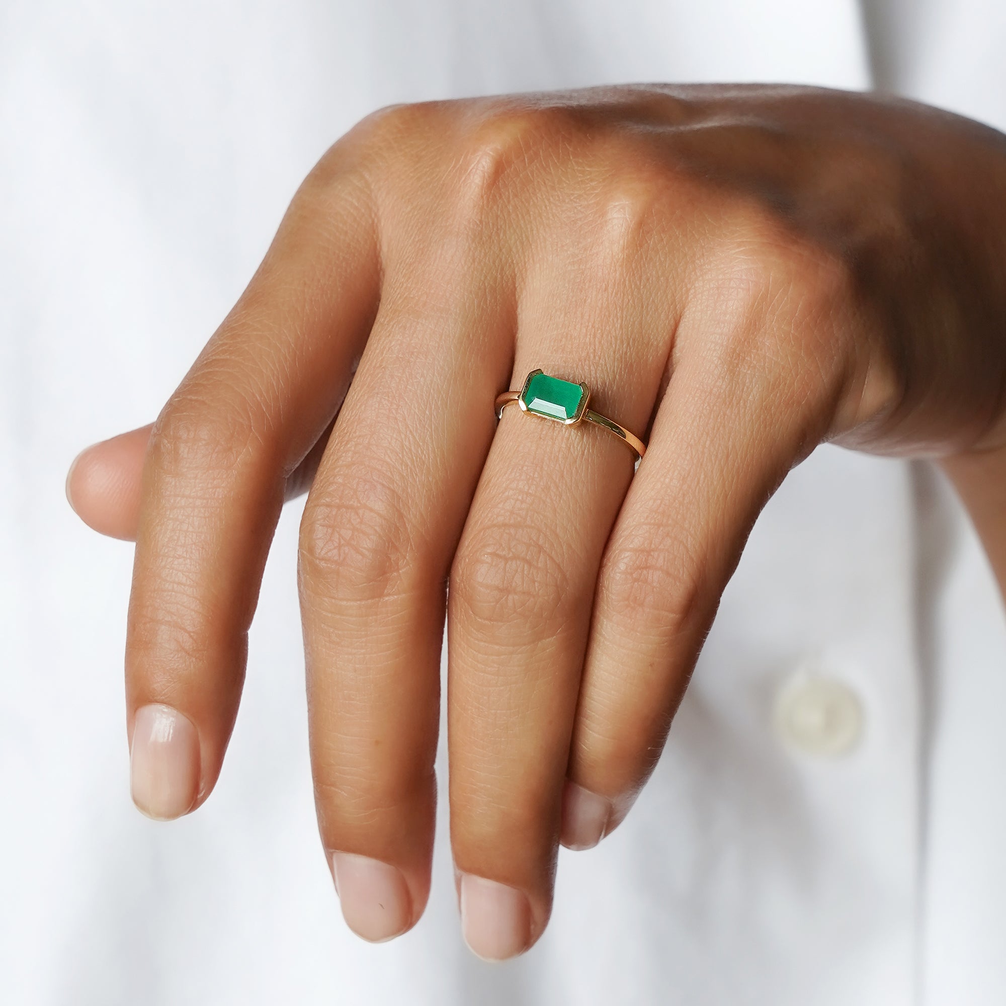 Zambian Emerald Baguette Ring - Solid 14K Yellow Gold | BITS OF BALI JEWELRY