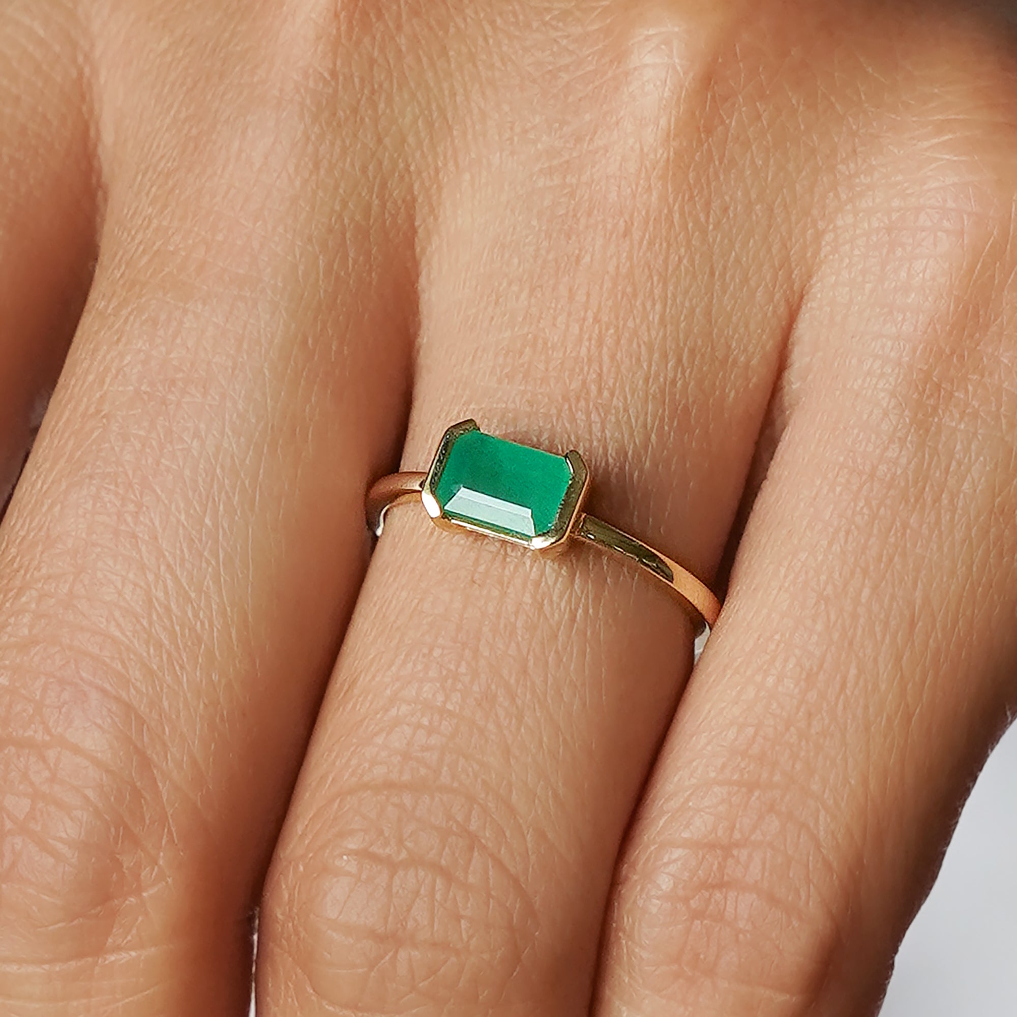 Zambian Emerald Baguette Ring - Solid 14K Yellow Gold | BITS OF BALI JEWELRY