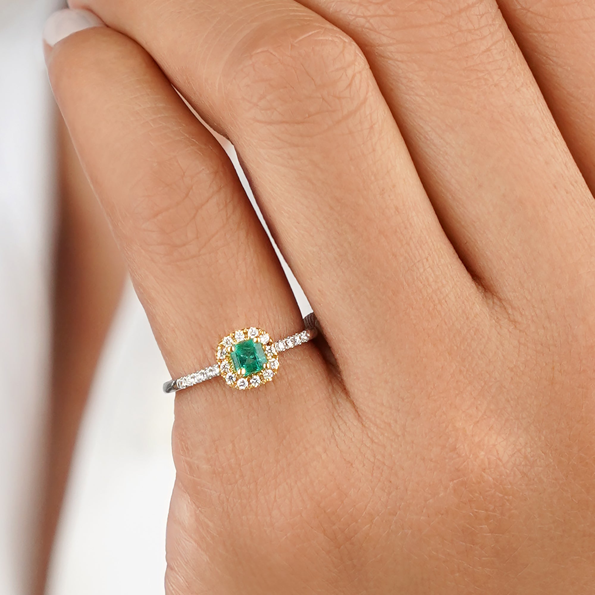 Asscher Cut Emerald & Natural Diamonds - 18K White & Yellow Gold