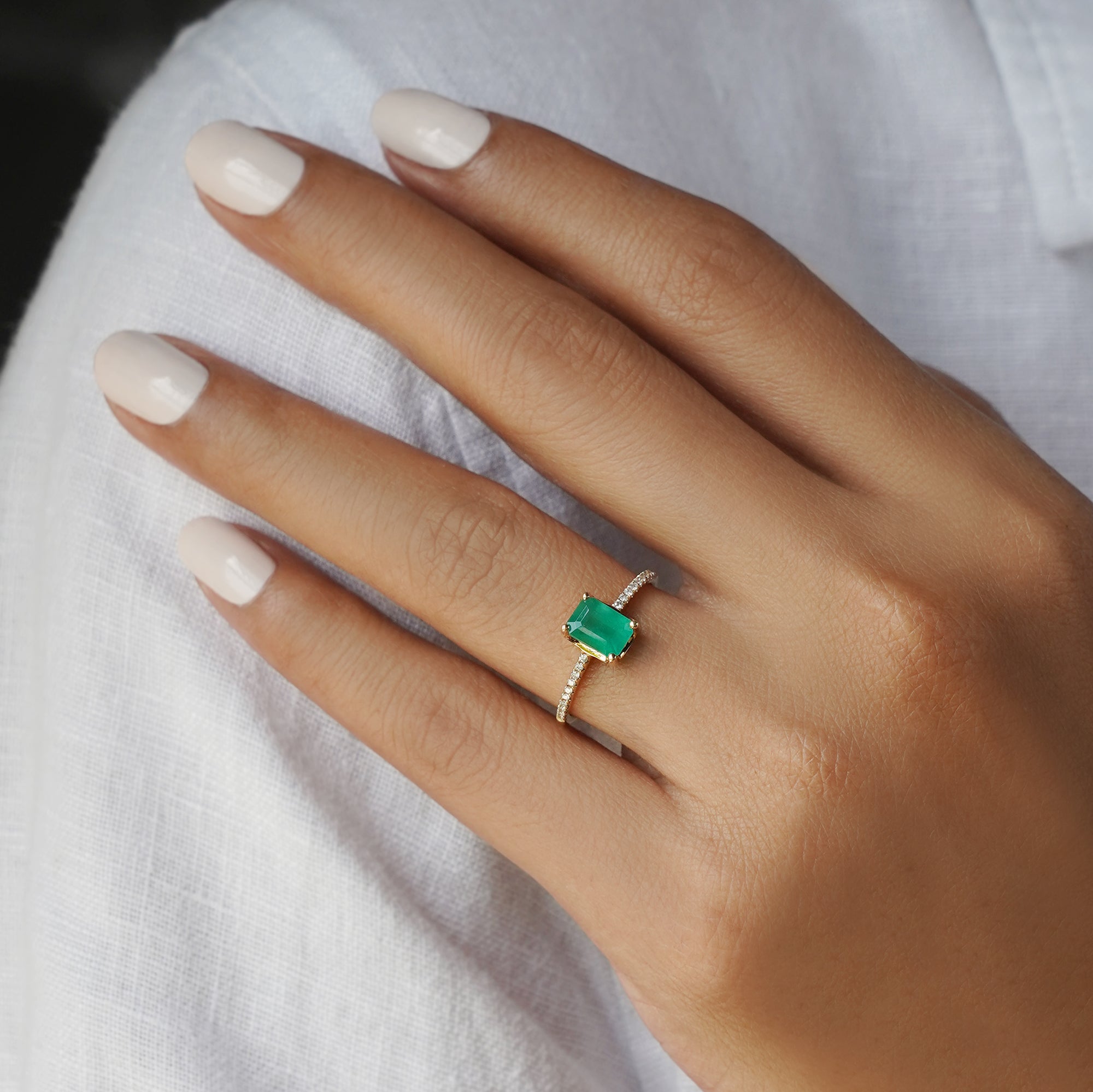 Zambian Emerald & Natural Diamonds Baguette Ring - Solid 14K Yellow Gold