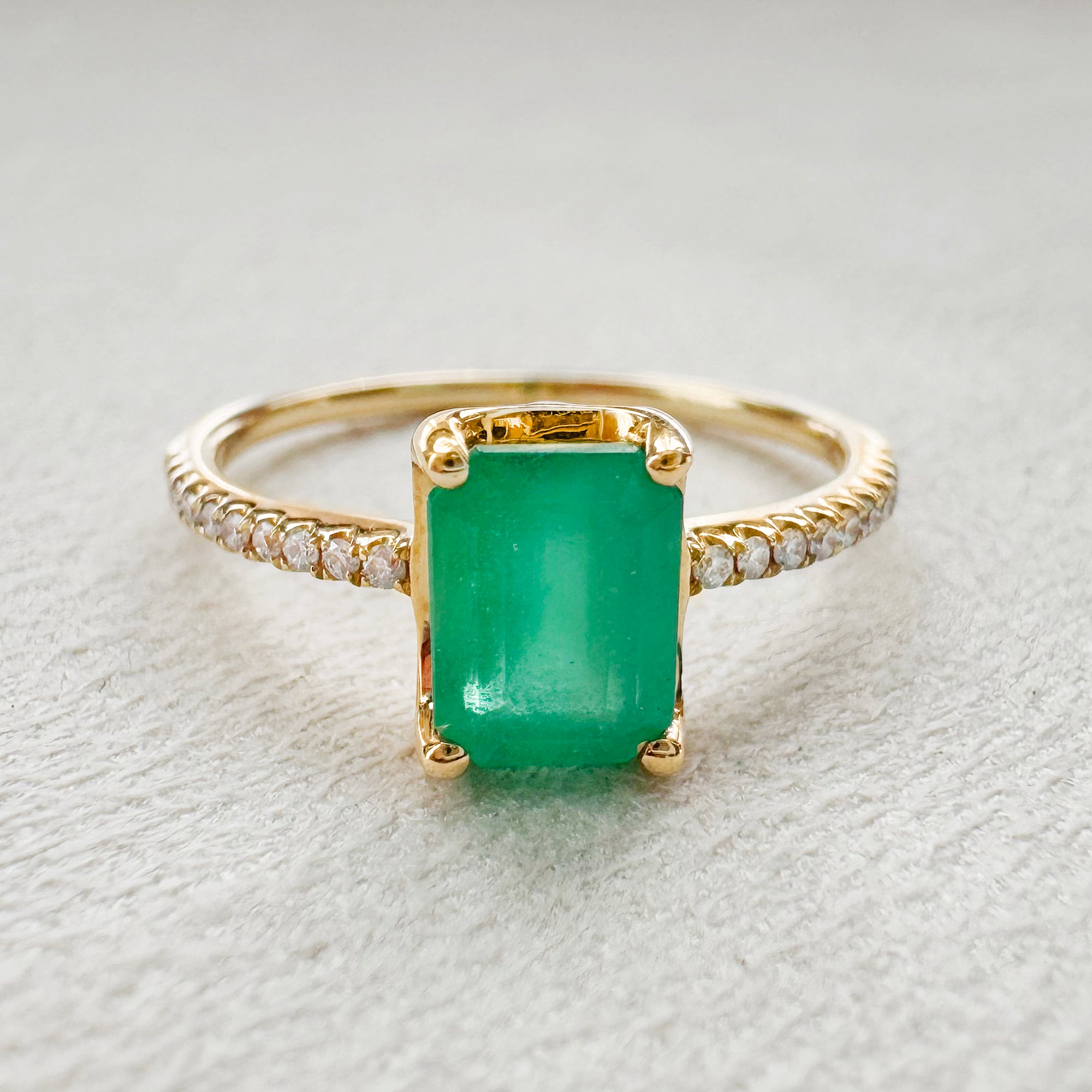 Zambian Emerald & Natural Diamonds Baguette Ring - Solid 14K Yellow Gold