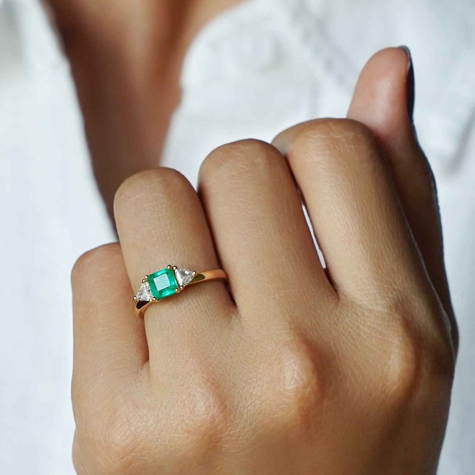 Emerald With Trillion Side Diamond Ring - Solid 14K Yellow Gold | BITS OF BALI JEWELRY