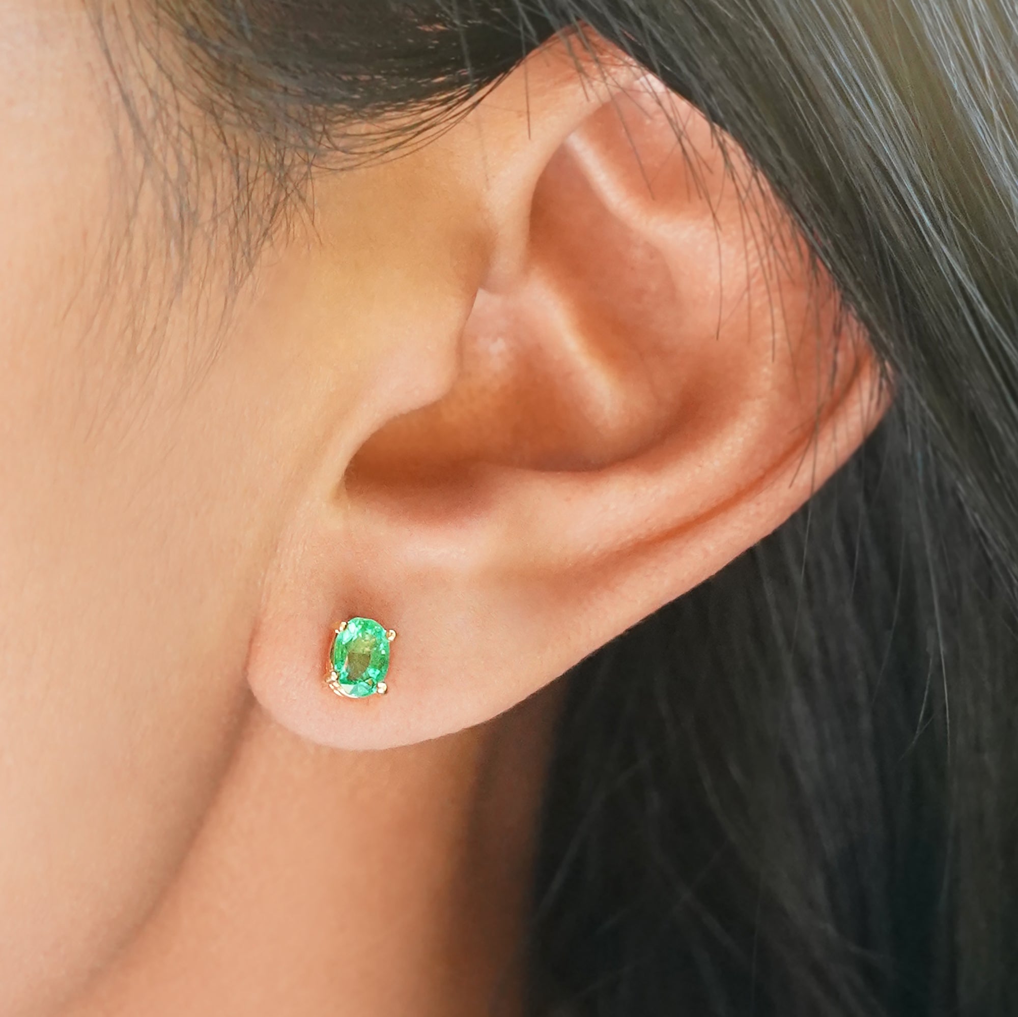 1 Carat Emerald Stud Earrings - Solid 18K Yellow Gold