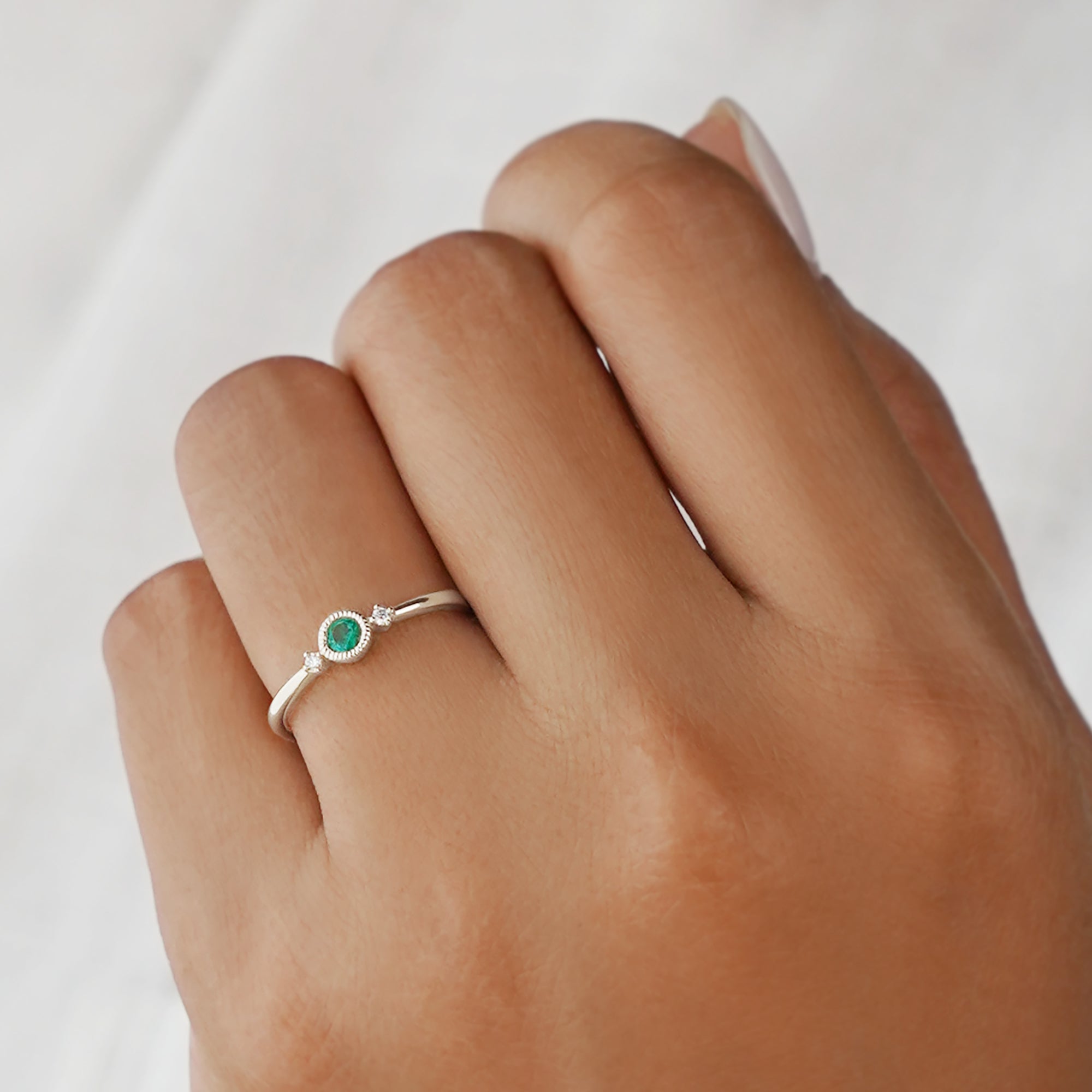 Emerald & 2 Side Diamond Ring - Solid 14k White Gold | BITS OF BALI JEWELRY