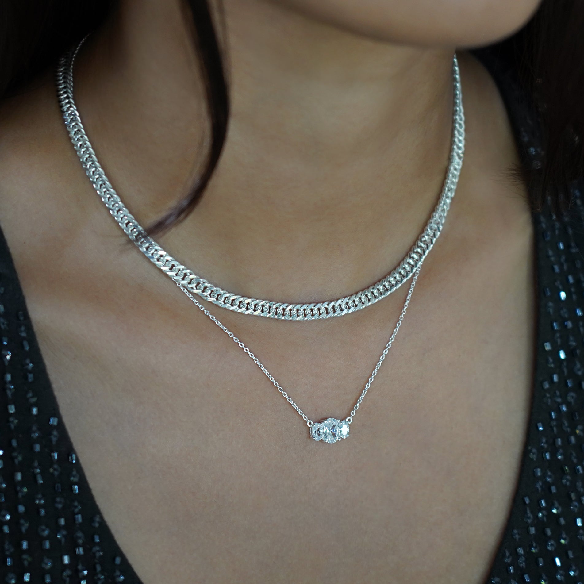 Trio Stone Necklace Sterling Silver - White CZ