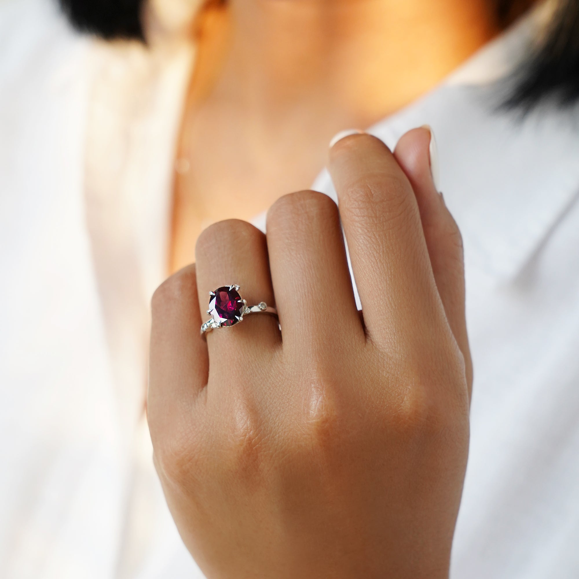 Flower Rhodolite & Diamond Ring - Solid 14K White Gold | BITS OF BALI JEWELRY