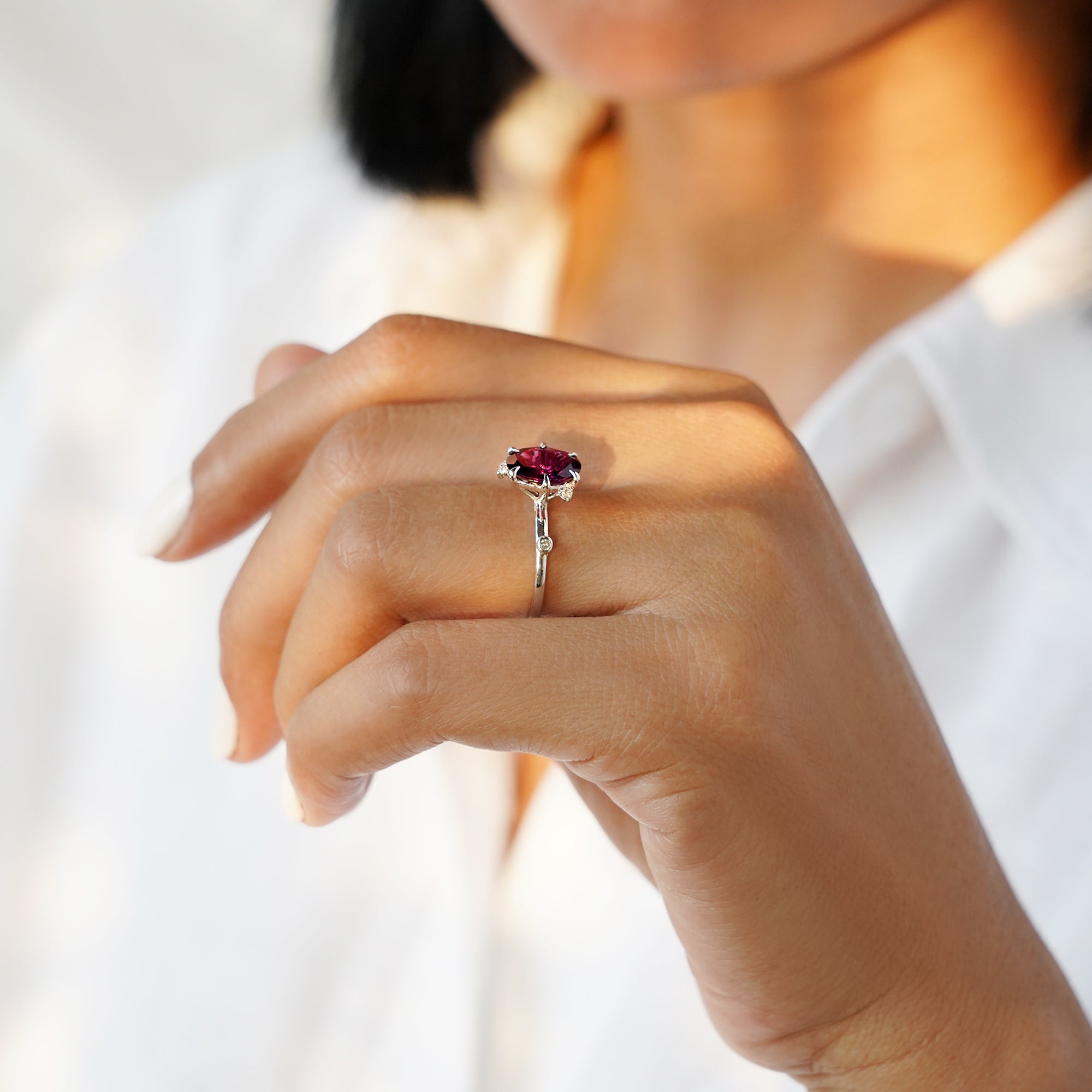 Flower Rhodolite & Diamond Ring - Solid 14K White Gold | BITS OF BALI JEWELRY