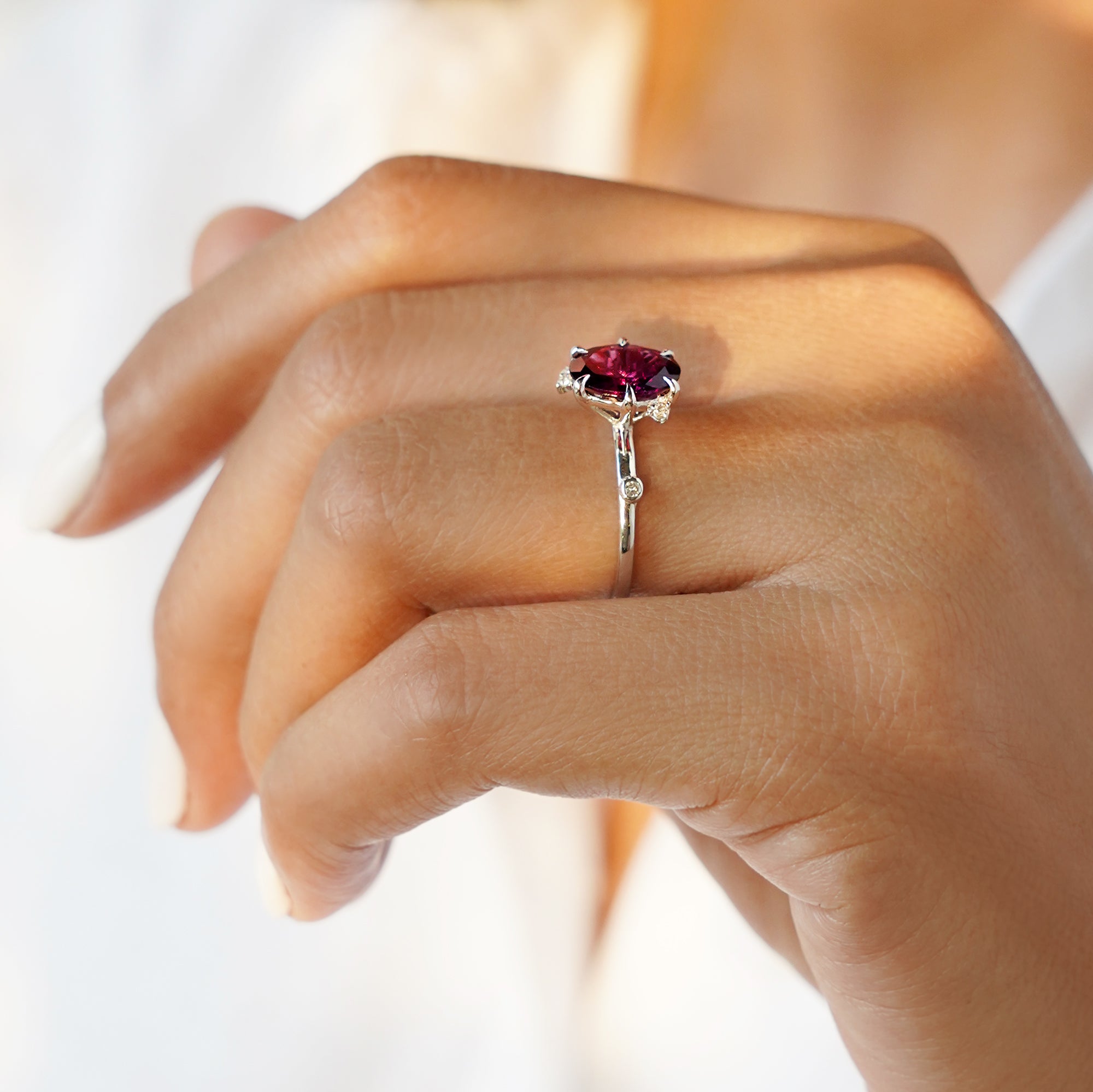 Flower Rhodolite & Diamond Ring - Solid 14K White Gold | BITS OF BALI JEWELRY